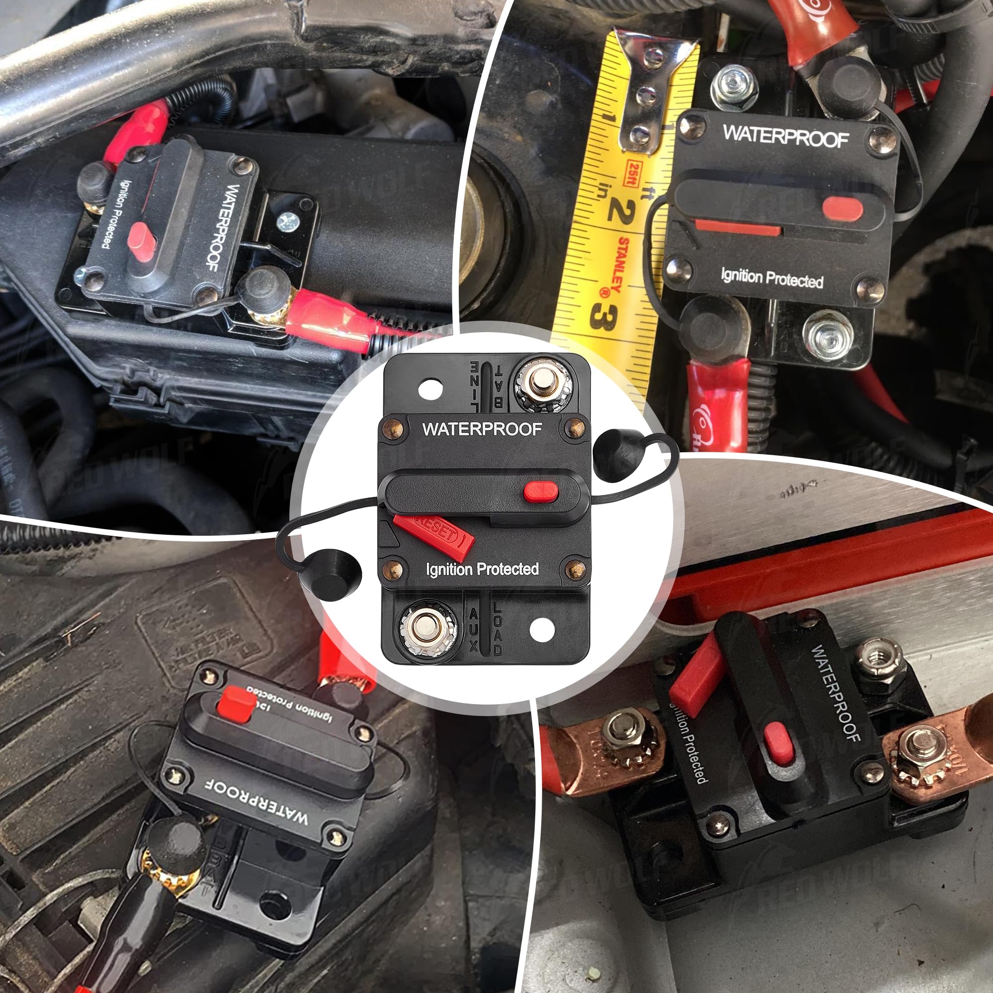 RED WOLF 300A Circuit Breaker Fuse Holder 3/8 Screw Studs w/Manual Reset Switch DC 12-48V for Boat Trolling Motor Marine ATV T