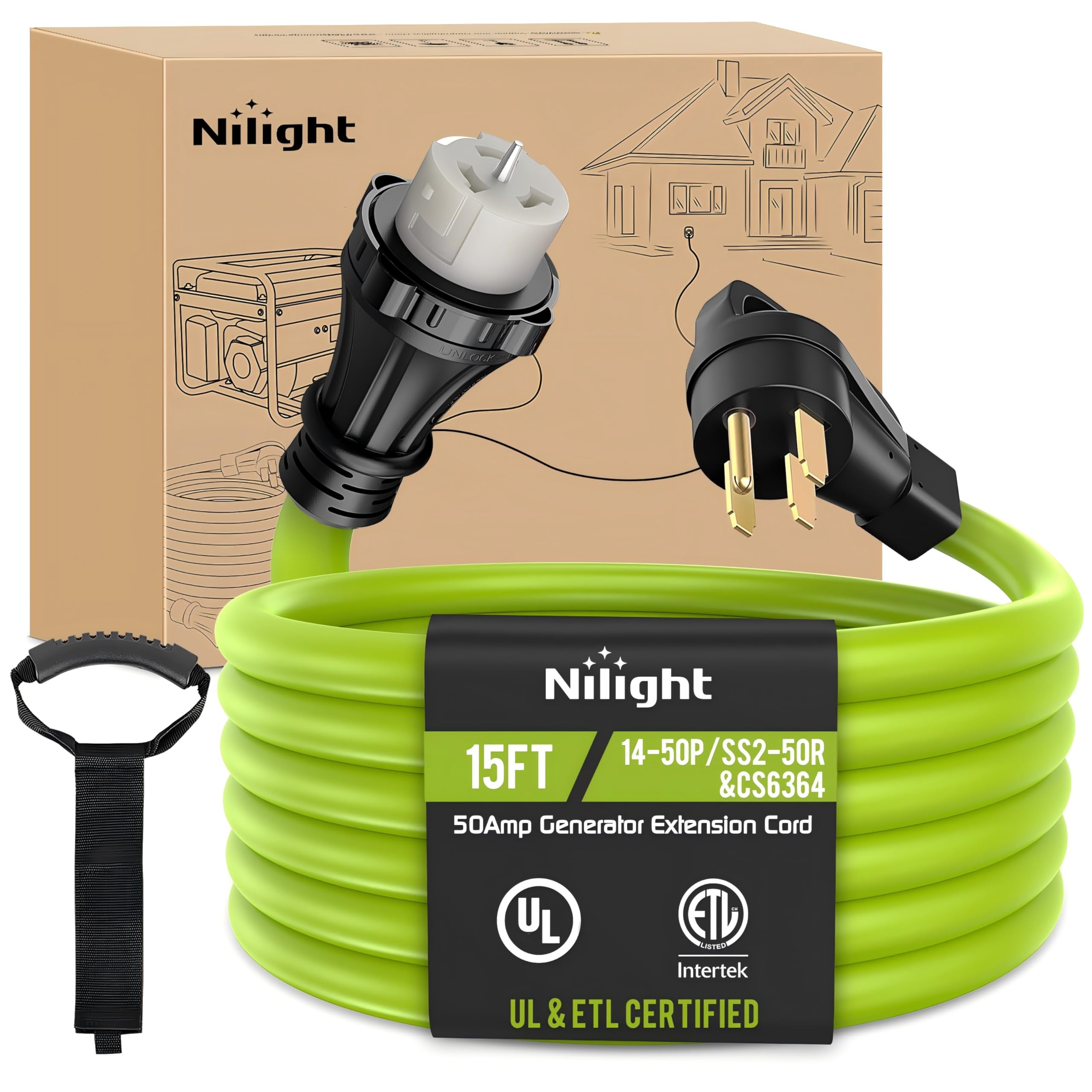 Nilight 15Ft 50 Amp Generator Extension Cord 250V Heavy Duty 6/3+8/1 Gauge Pure Copper Stw Wire Etl Listed 4 Prong 14-50P Ss2-50