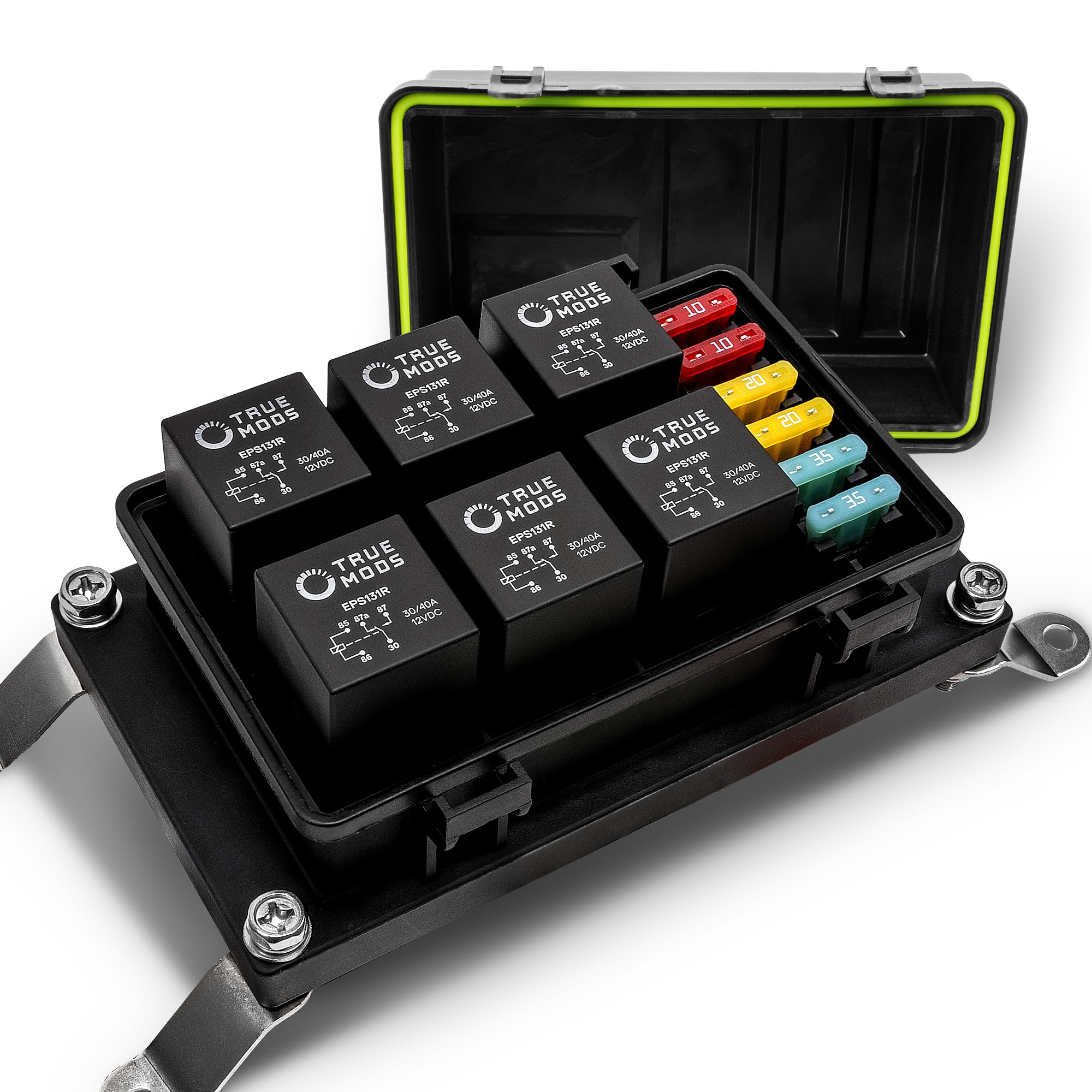 True Mods 12V Dc Auto Waterproof Fuse 5-Pin Relay Box Block Kit [6 Bosch Style Relay Holder] [6 Atc/Ato Fusible Holder] [Relays & Fuses Included] Universal Relay For Vehicles Cars Marine Boat Jeep