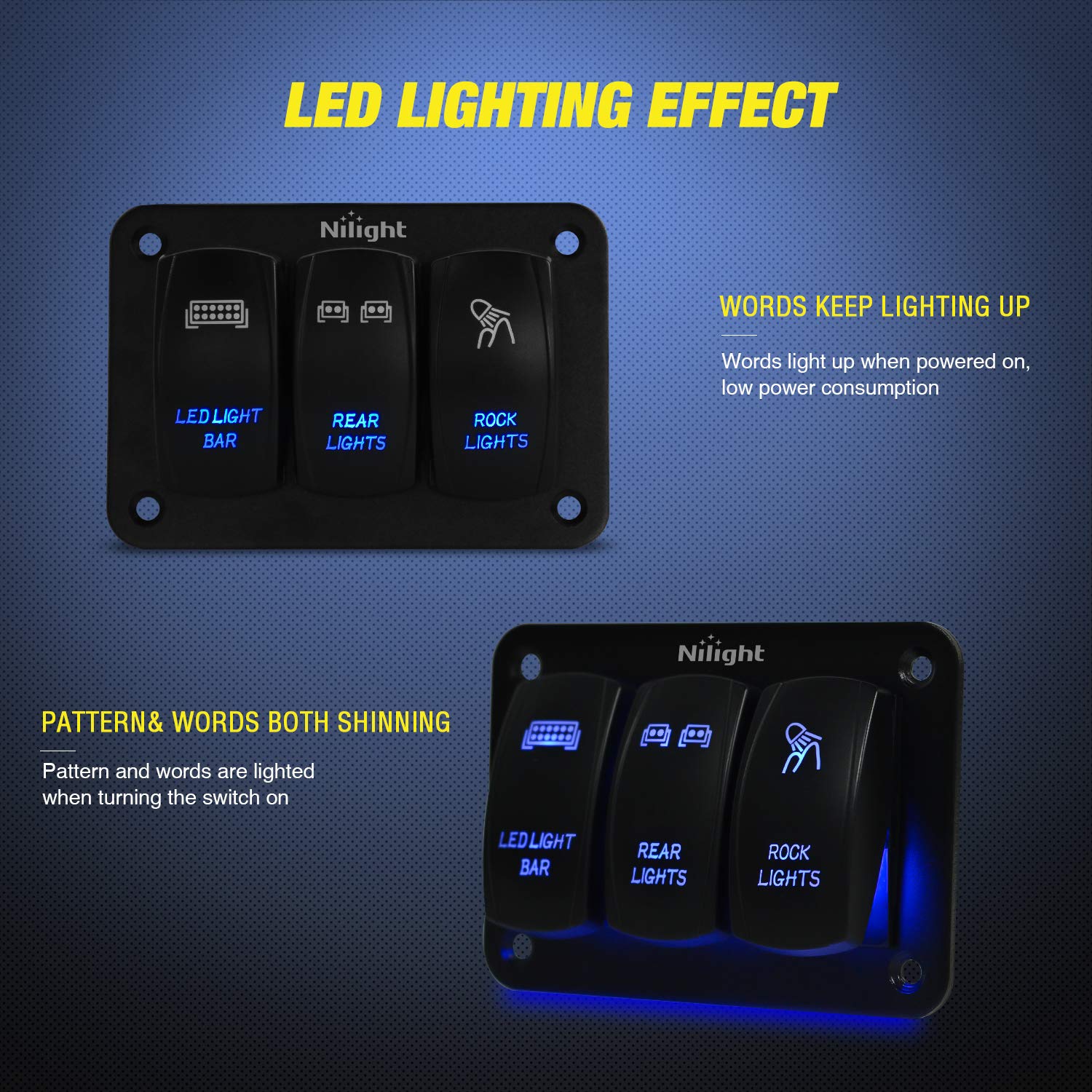 Nilight - 90105C 3 Gang Aluminum Rocker Switch Panel 5 Pin ON/Off Pre-Wired Toggle Switch Panel With Rocker Switch Holder 12/24V