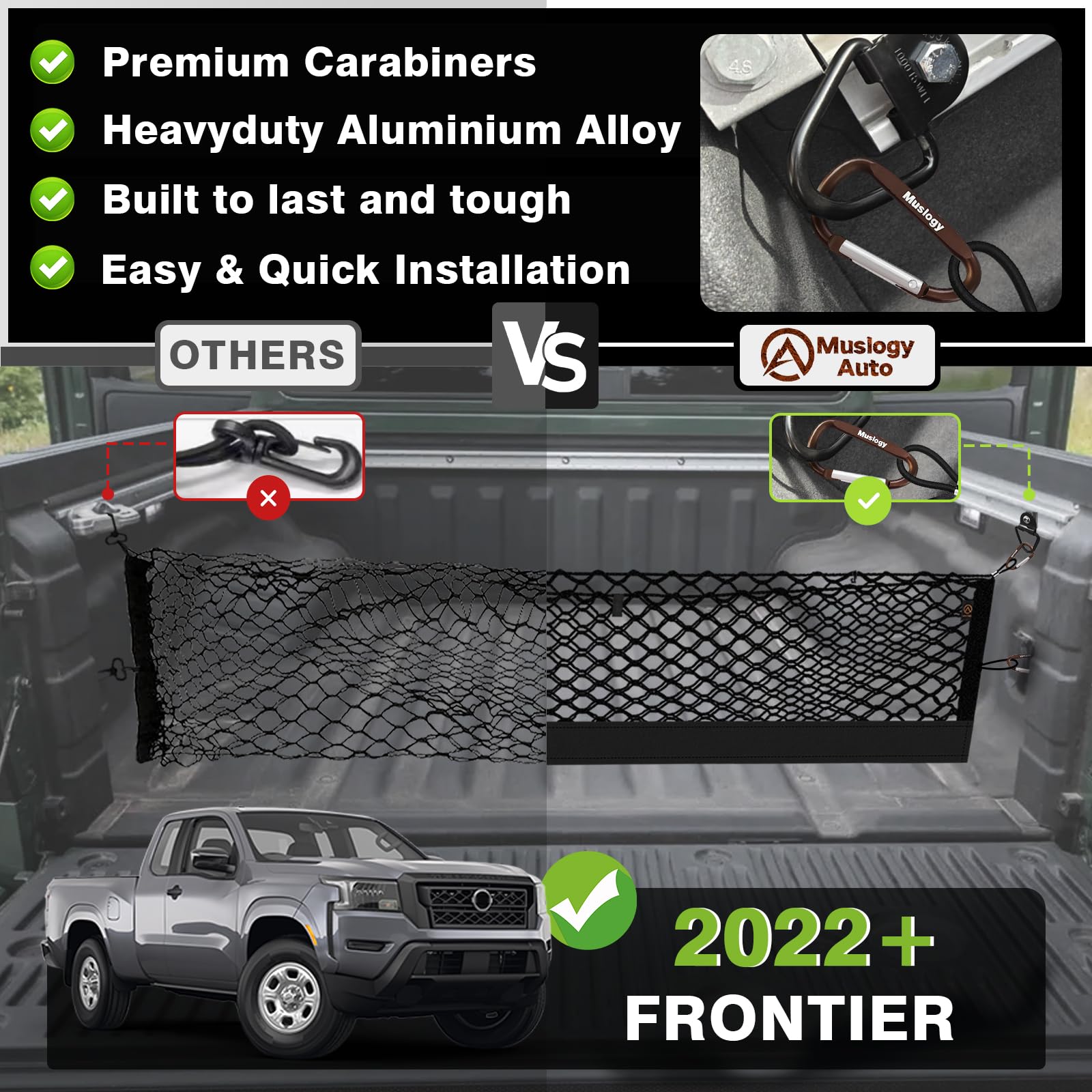 Muslogy Truck Bed Cargo Net for Nissan Frontier 2022-2026, Heavy Duty, Black, 12" Size, Envelope Style with Carabiners