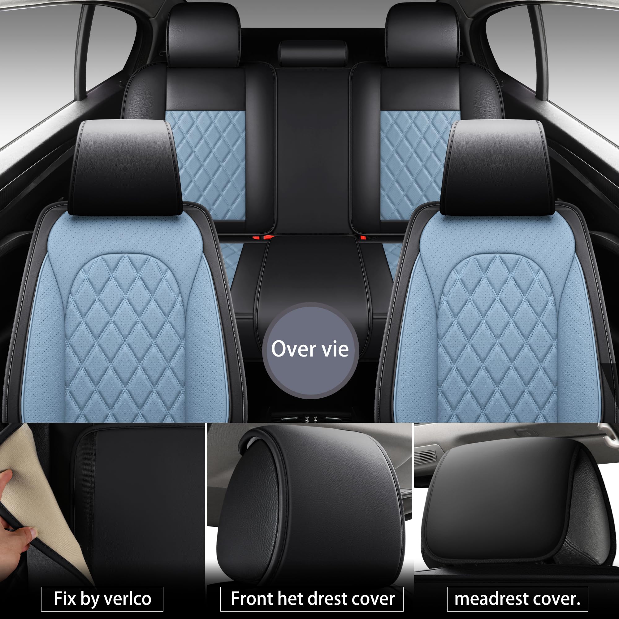 LINGVIDO Car Seat Covers Set - Premium Nappa Leather, Front Only (2 Seats), Black & Light Blue, Model Lingzhu07, Durable & Comfortable