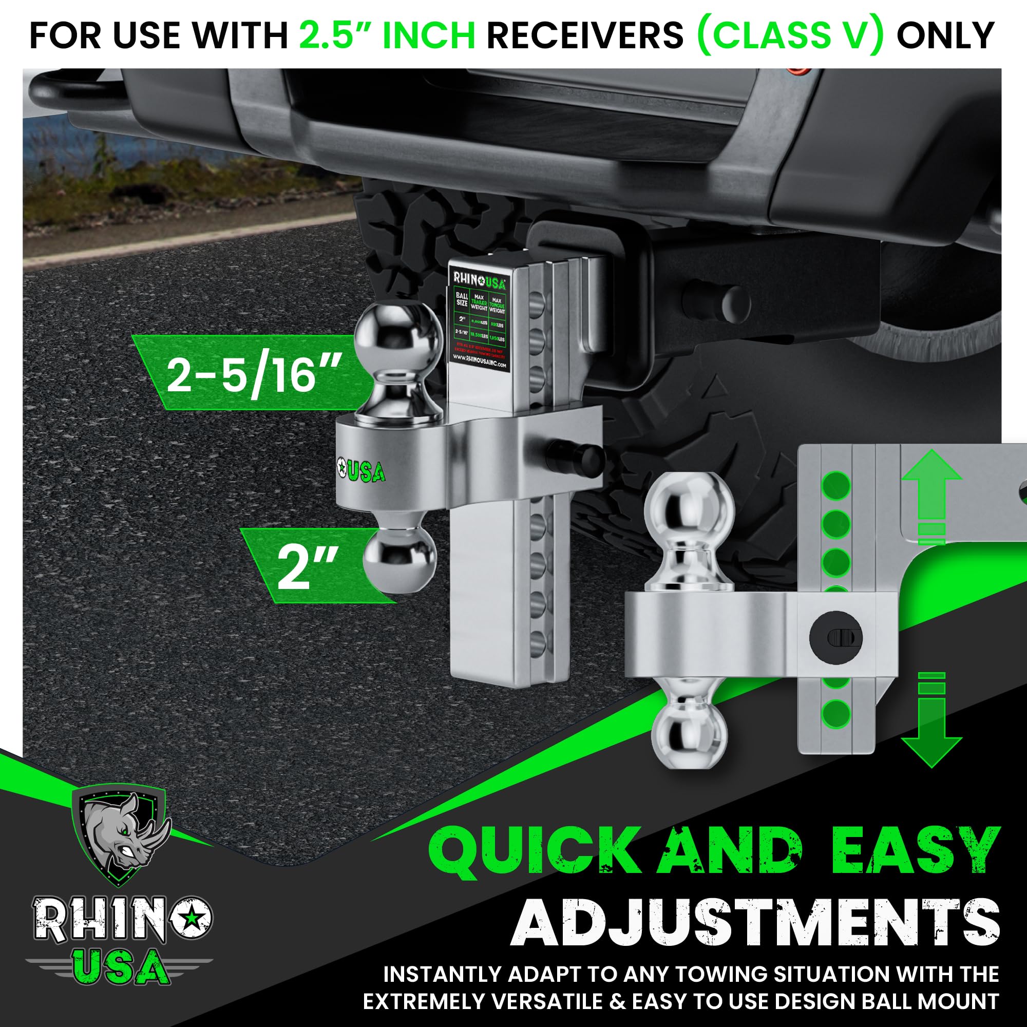 Rhino USA Adjustable Aluminum Trailer Hitch - 10" Drop/Rise, 2.5" Receiver, 18,500 LBS GTW, Weatherproof, Silver, Model RG-HTDROP