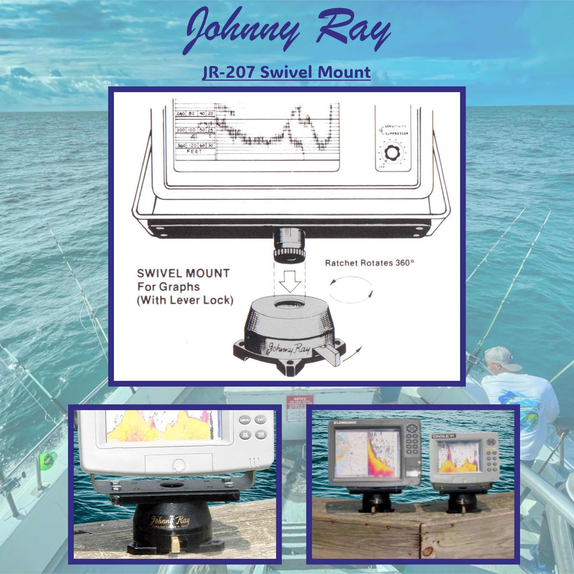 Johnny Ray Jr-207 Marine 1.25 By 5.5-Inches Top Lever Release Portable Sonar Swivel Mount, Black Finish