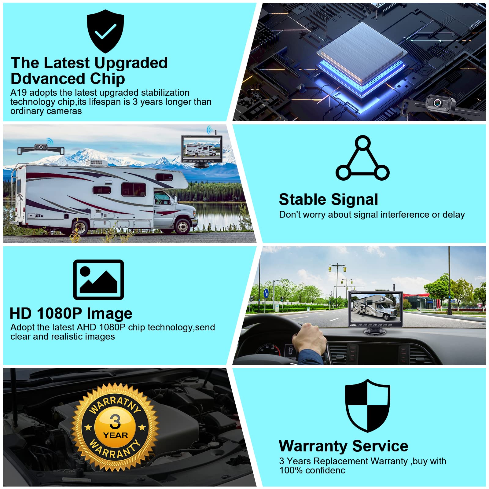 Wireless Backup Camera For Truck Car : 7-Inch Touch Key Monitor Plug And Play No Delay No Dropped Frames Clear Brightness Rear V