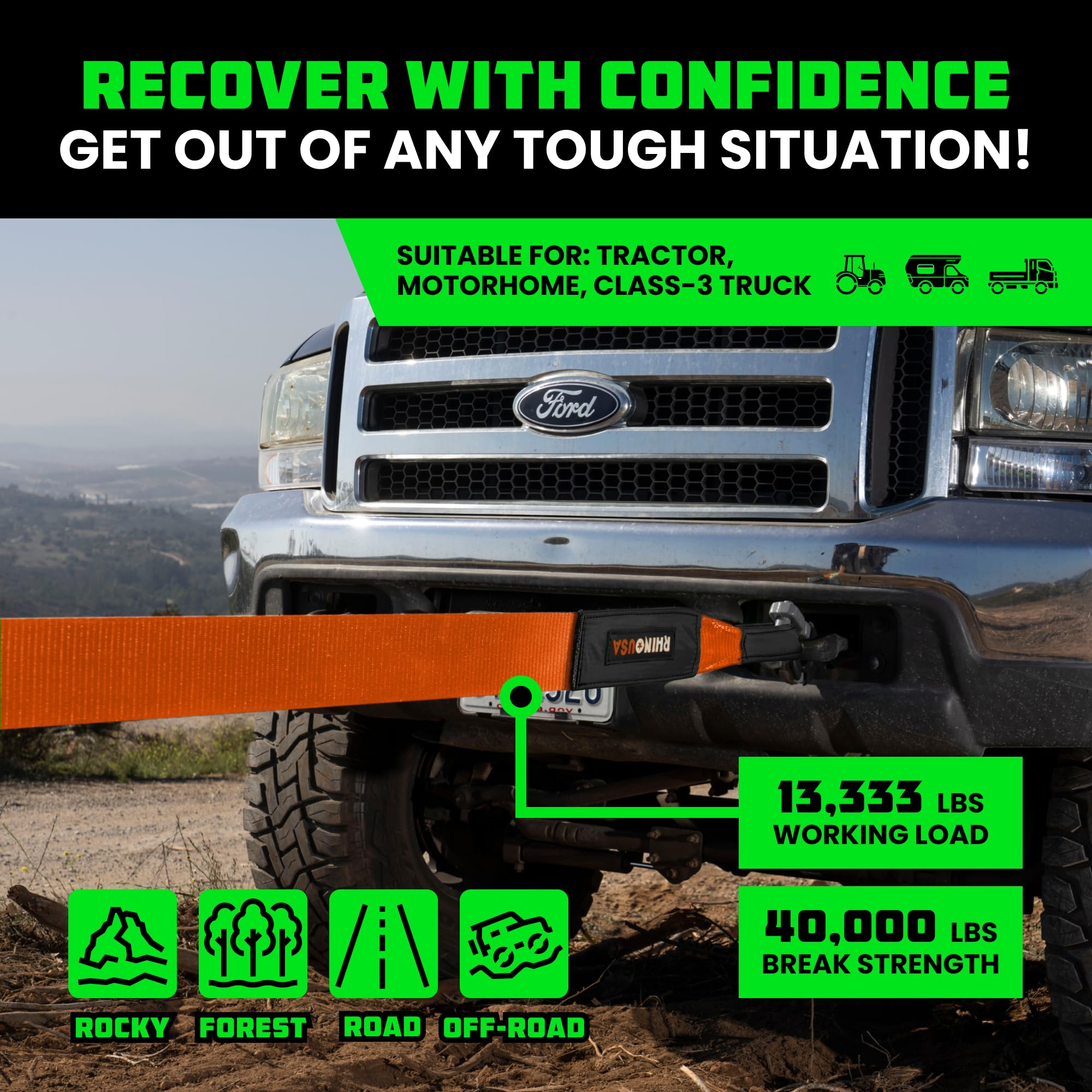 Rhino Usa Recovery Tow Strap (4''X30') - 40,320Lb Break Strength - Emergency Recovery Strap Tow Rope For Diesel Trucks, Backhoe,