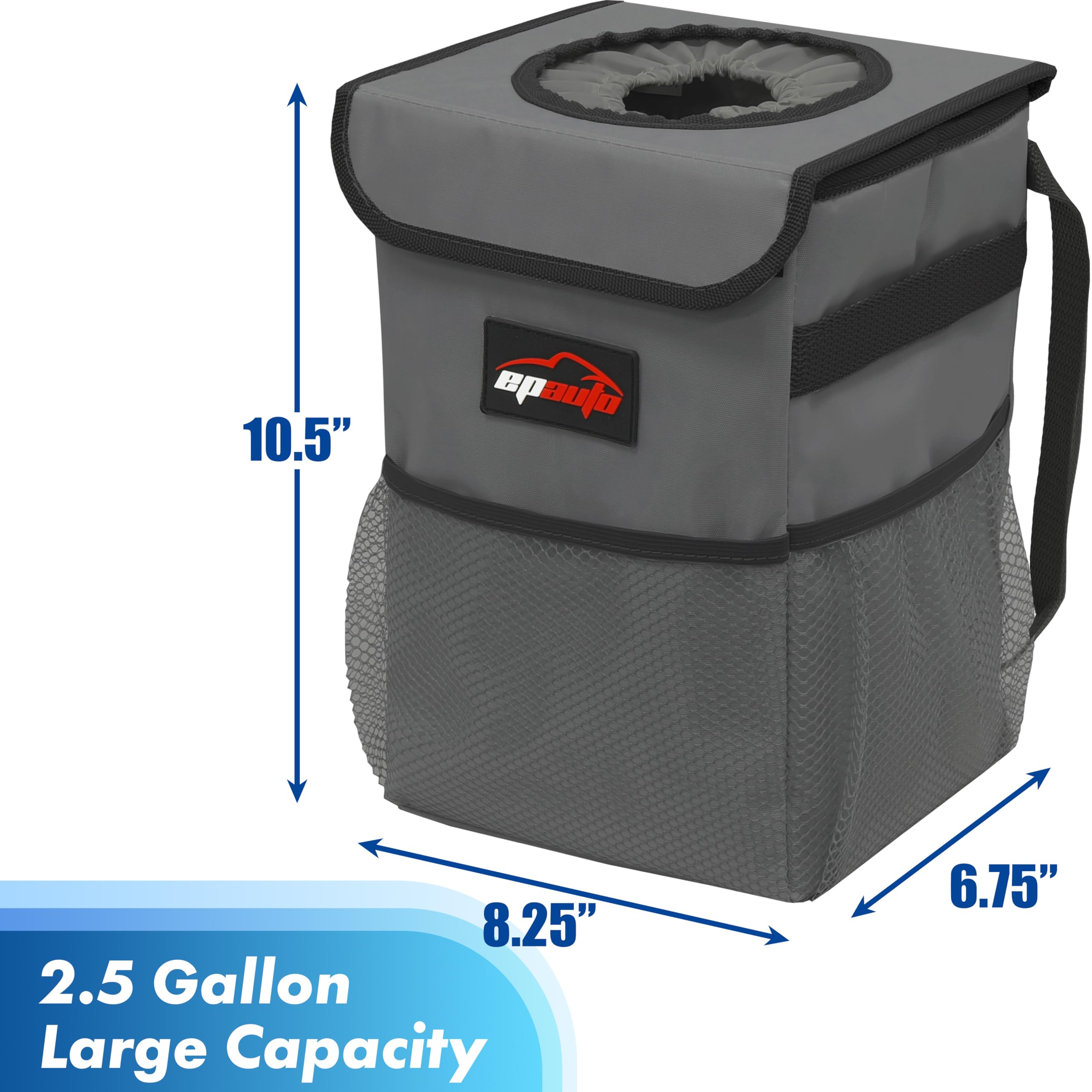 Epauto Waterproof Car Trash Can With Lid And Storage Pockets, 2.5 Gallon Leakproof, Dark Gray