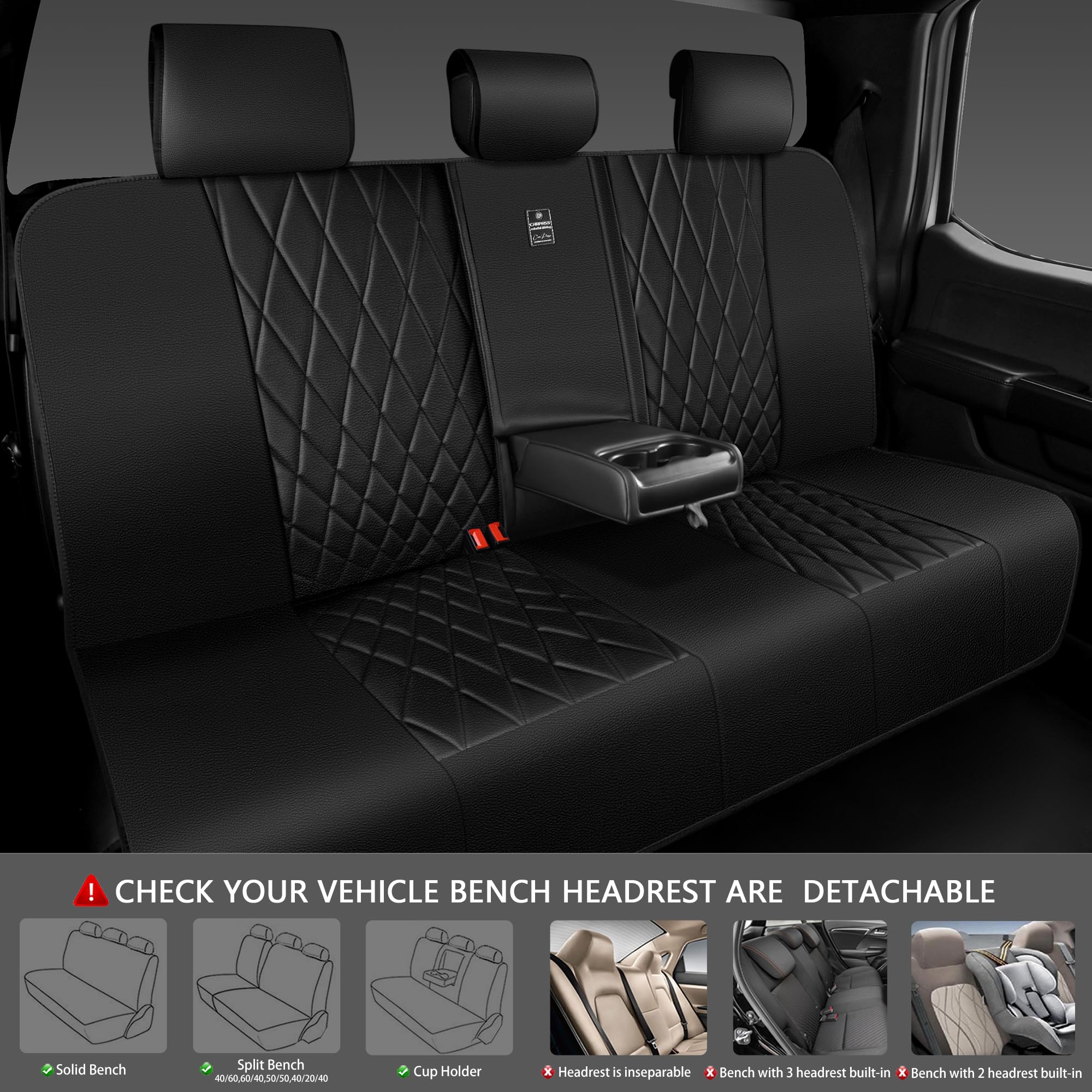 CAR PASS Luxury Faux Leather Rear Bench Seat Covers, Waterproof, Anti-Slip, Universal Fit, All Black, Model ZT122-BK1-HP