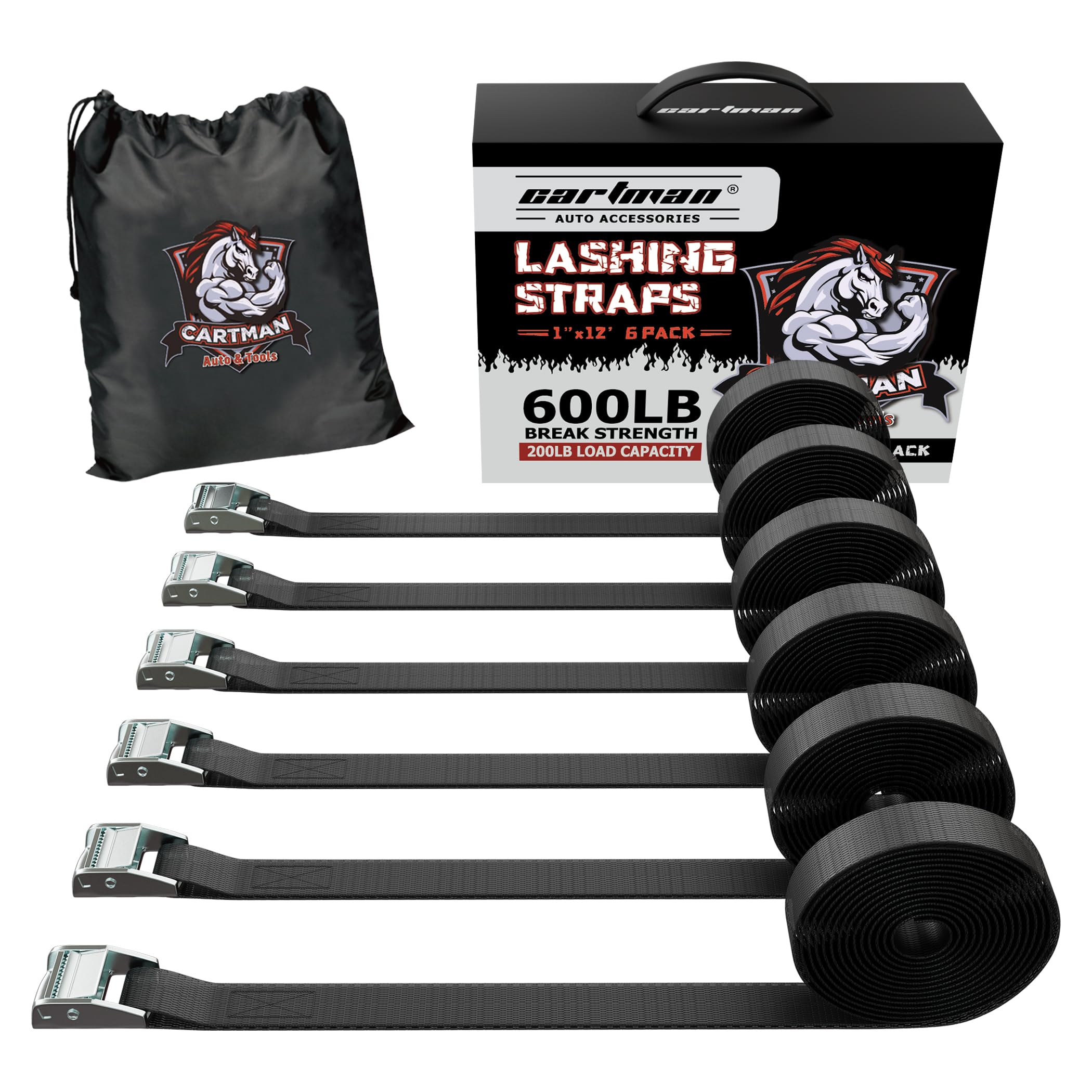 CARTMAN 1" x 12' Lashing Straps, 600lbs Capacity, 6pk in Carry Bag, Black, Model CM-TD6X6, Durable Alloy Steel
