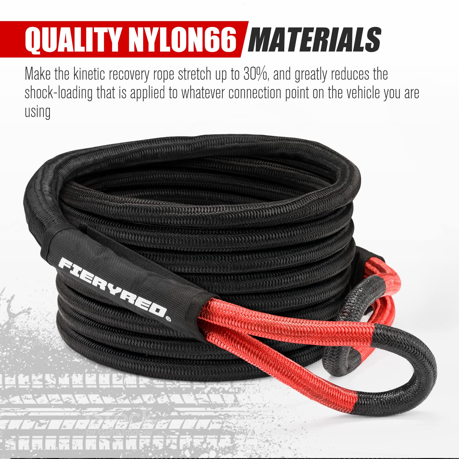 FIERYRED Kinetic Energy Recovery Rope 30FT 7/8" Nylon Tow Strap - Black, Reinforced Loops, Protective Sleeve, Perfect for Off-Road 4x4 ATV U