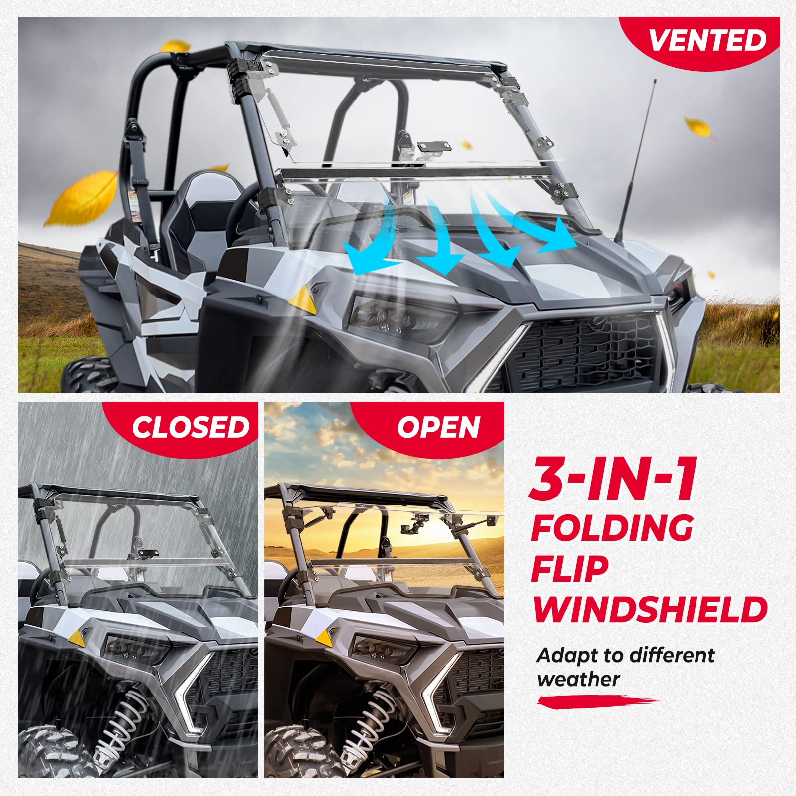 KEMIMOTO 2-IN-1 Flip Up Windshield for 2019-2023 Polaris RZR XP 1000, UV Resistant Hard-Coated Polycarbonate, Clear, Model B011