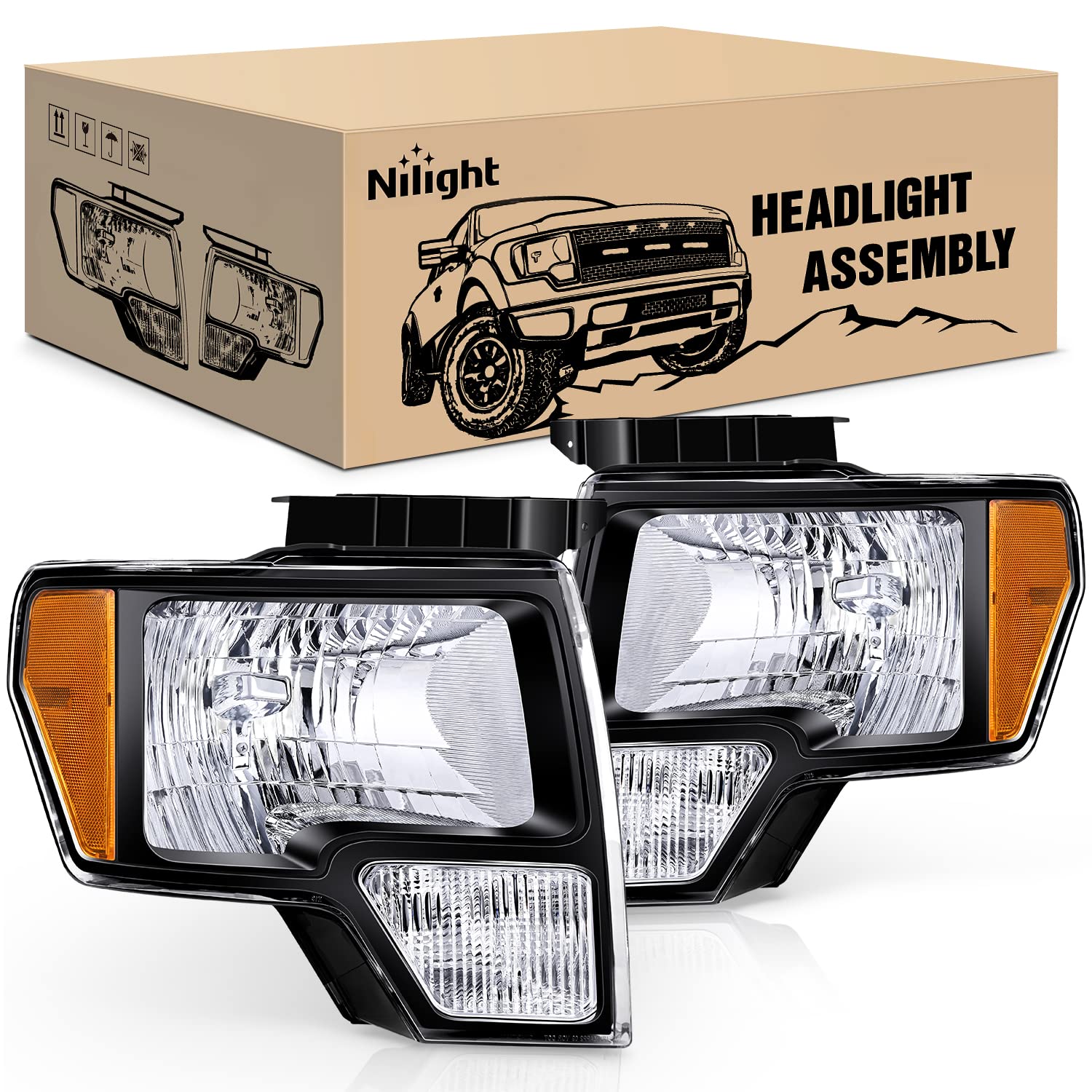 Nilight 2009 2010 2011 2012 2013 2014 F150 Headlight Assembly Black Housing Amber Corner Clear Lens Driver And Passenger Side He