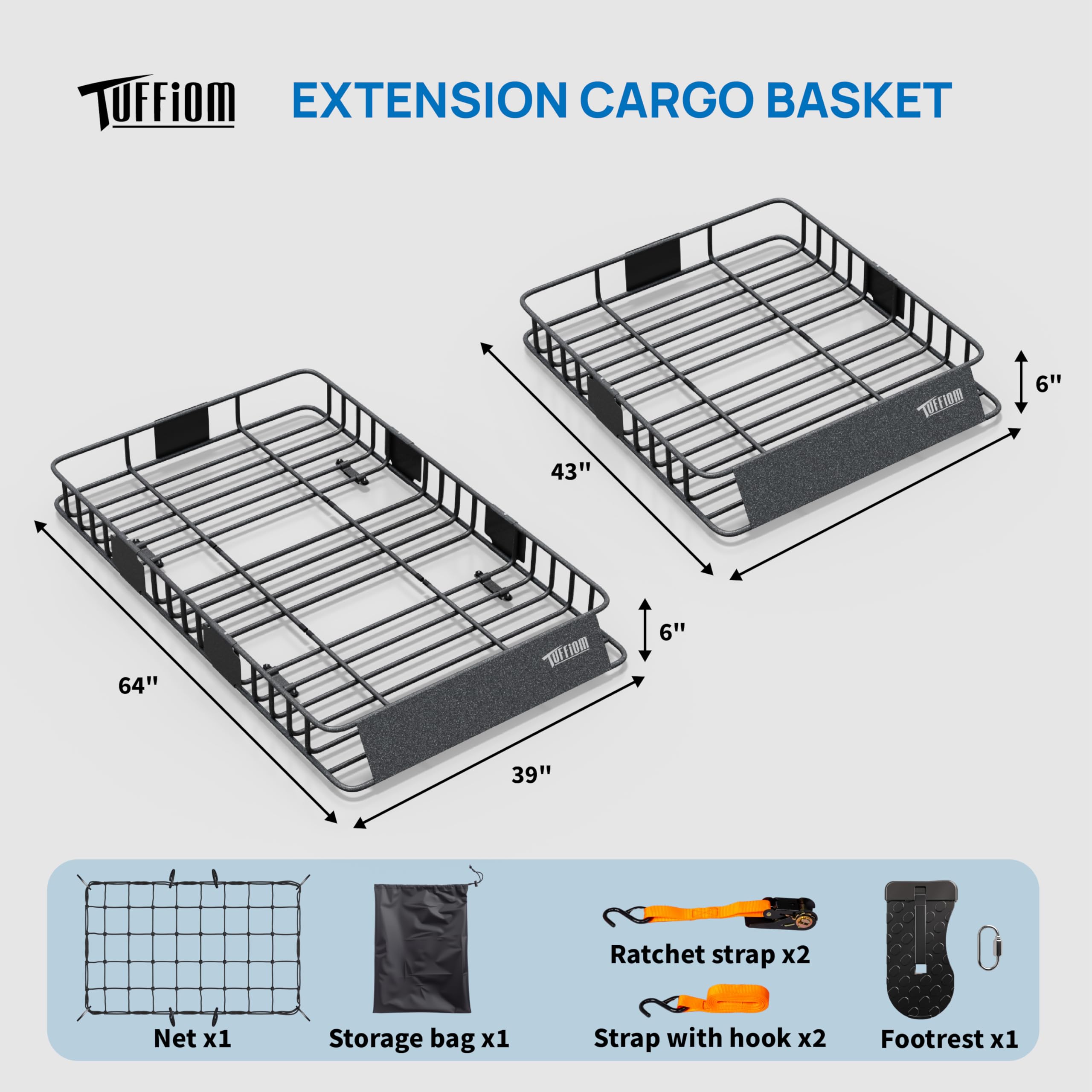 Tuffiom 250Lbs 64 X 39 X 6 Inch Extendable Roof Top Cargo Carrier Basket W/Net+Storage Bag+Footrest+Straps, Heavy Duty Rooftop L