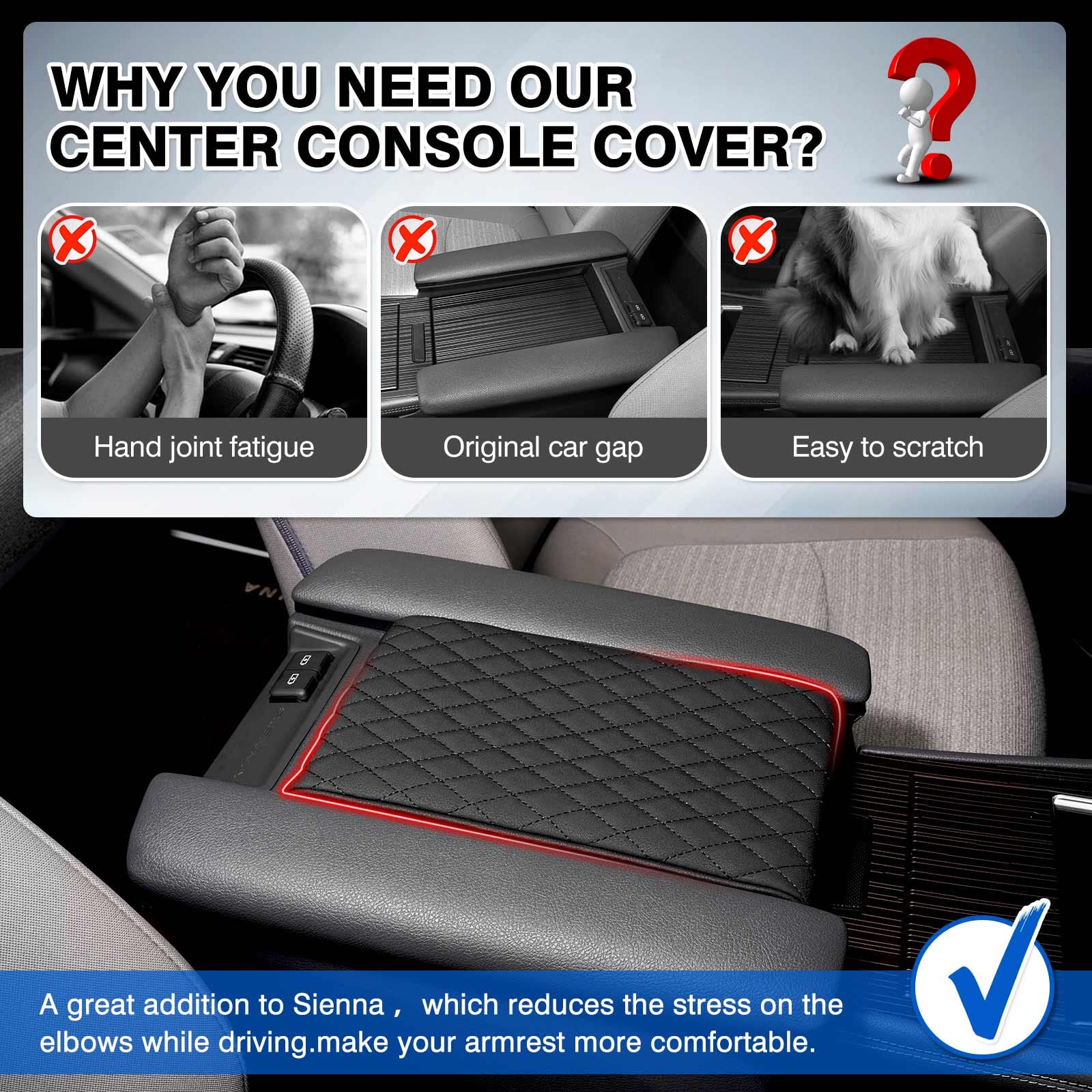 Autorder Center Console Cover for Toyota Sienna 2021-2025, Memory Foam Armrest Cushion, Anti-Scratch Leather, Black