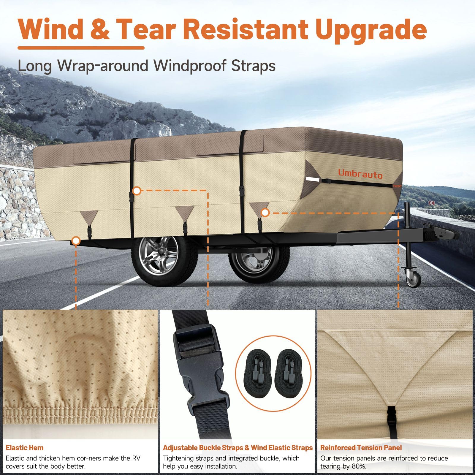 Umbrauto Pop Up Camper Cover - 7-Layer Waterproof, Windproof, Heavy-Duty, Fits 18-20FT, Khaki