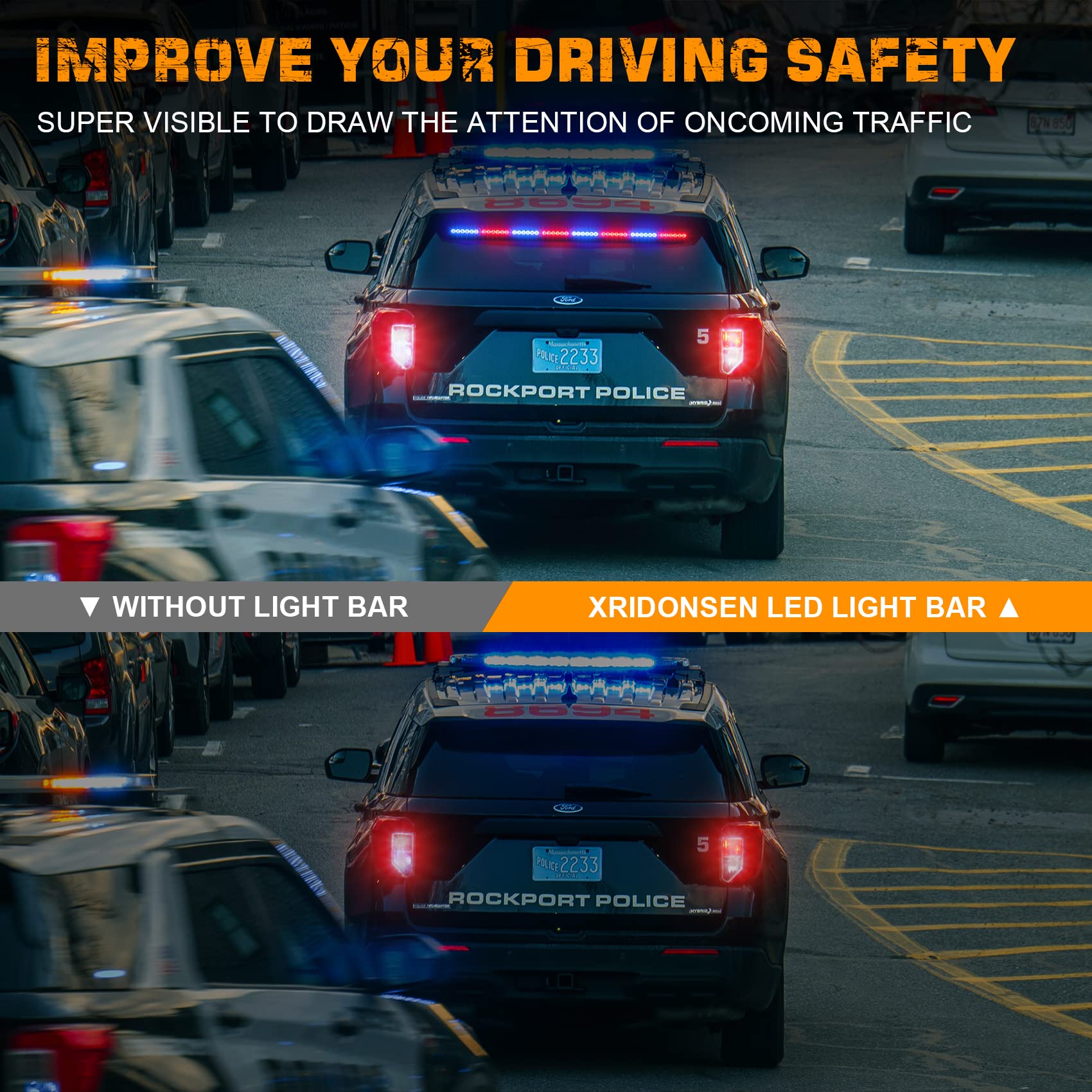 XRIDONSEN 35" Traffic Advisor Red Blue LED Strobe Light Bar for Emergency Vehicles, Aluminum Housing, Safety Hazard Warning Lights