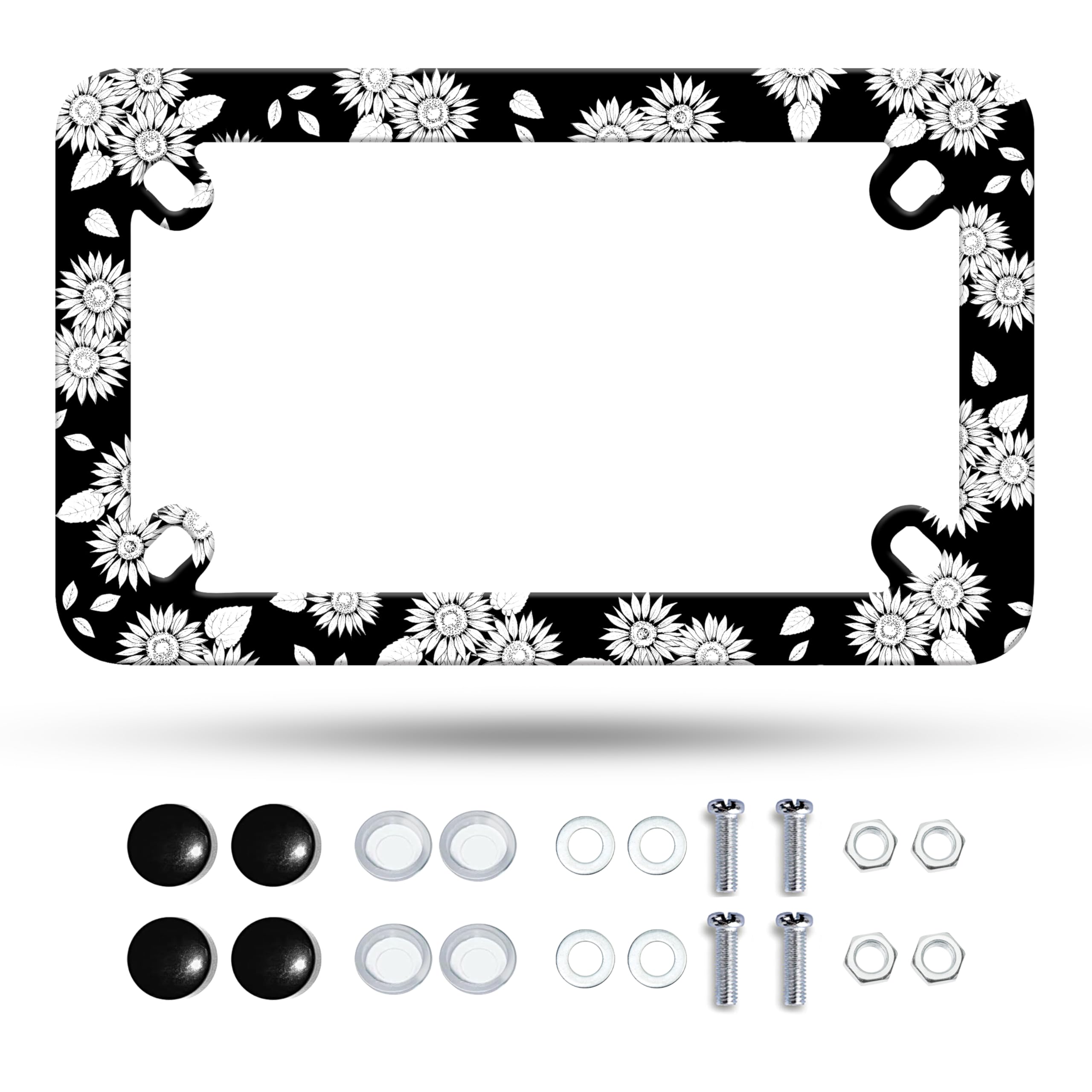 Motorcycle Black White Sunflower License Plate Frame Beautiful Flowers Stainless Steel Material Funny Motorbike License Plate Ho