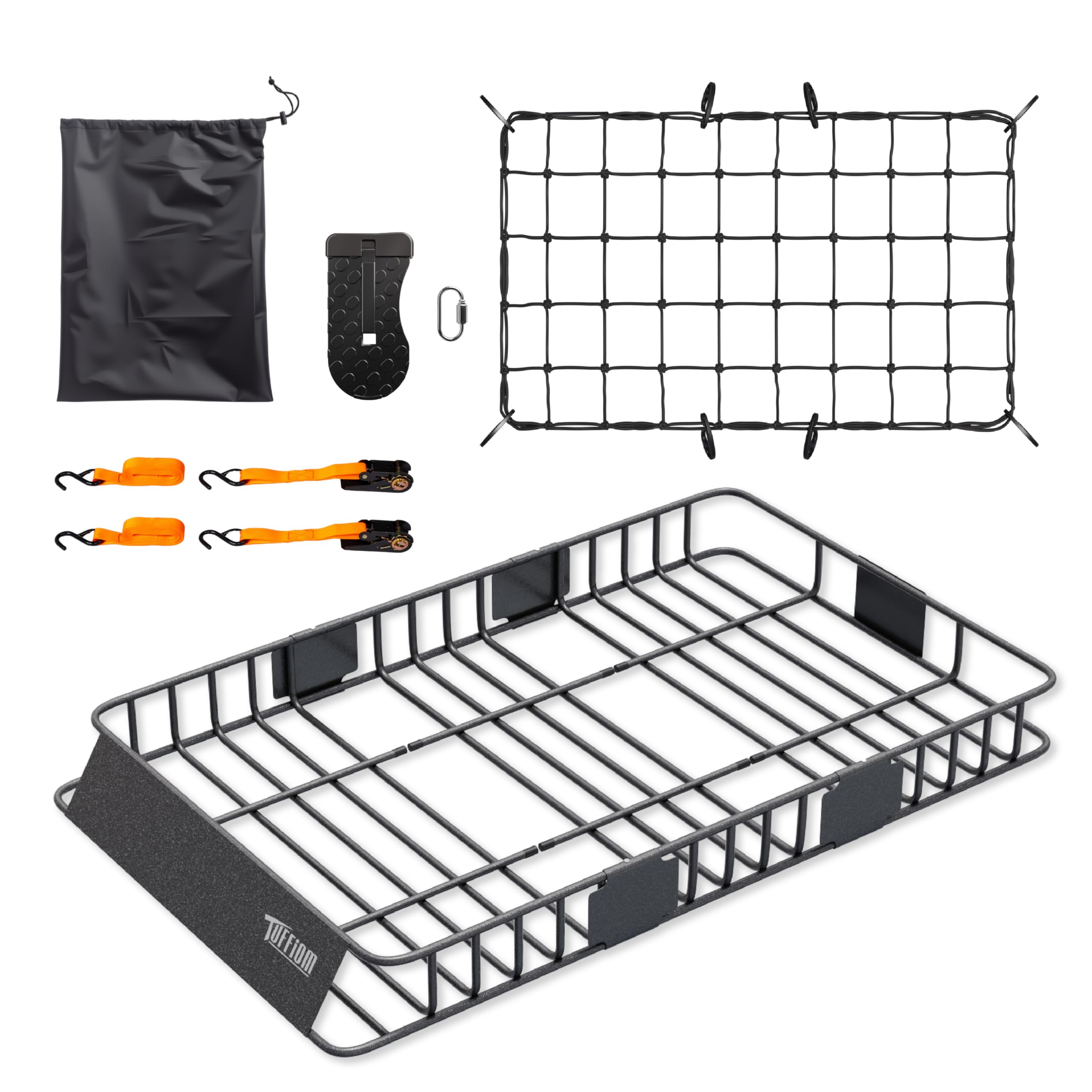 Tuffiom 64''X 39''X 6'' Universal Rooftop Cargo Carrier Basket, Extendable Steel Roof Rack Basket W/Net+Storage Bag+Pedal+Straps