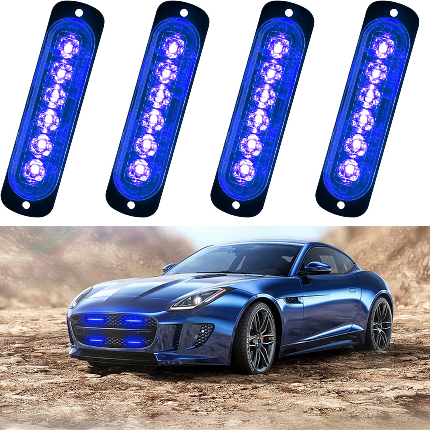 XTAUTO 6LED Car Truck Emergency Beacon Warning Hazard Flash Strobe Light Blue/Blue 4-pack