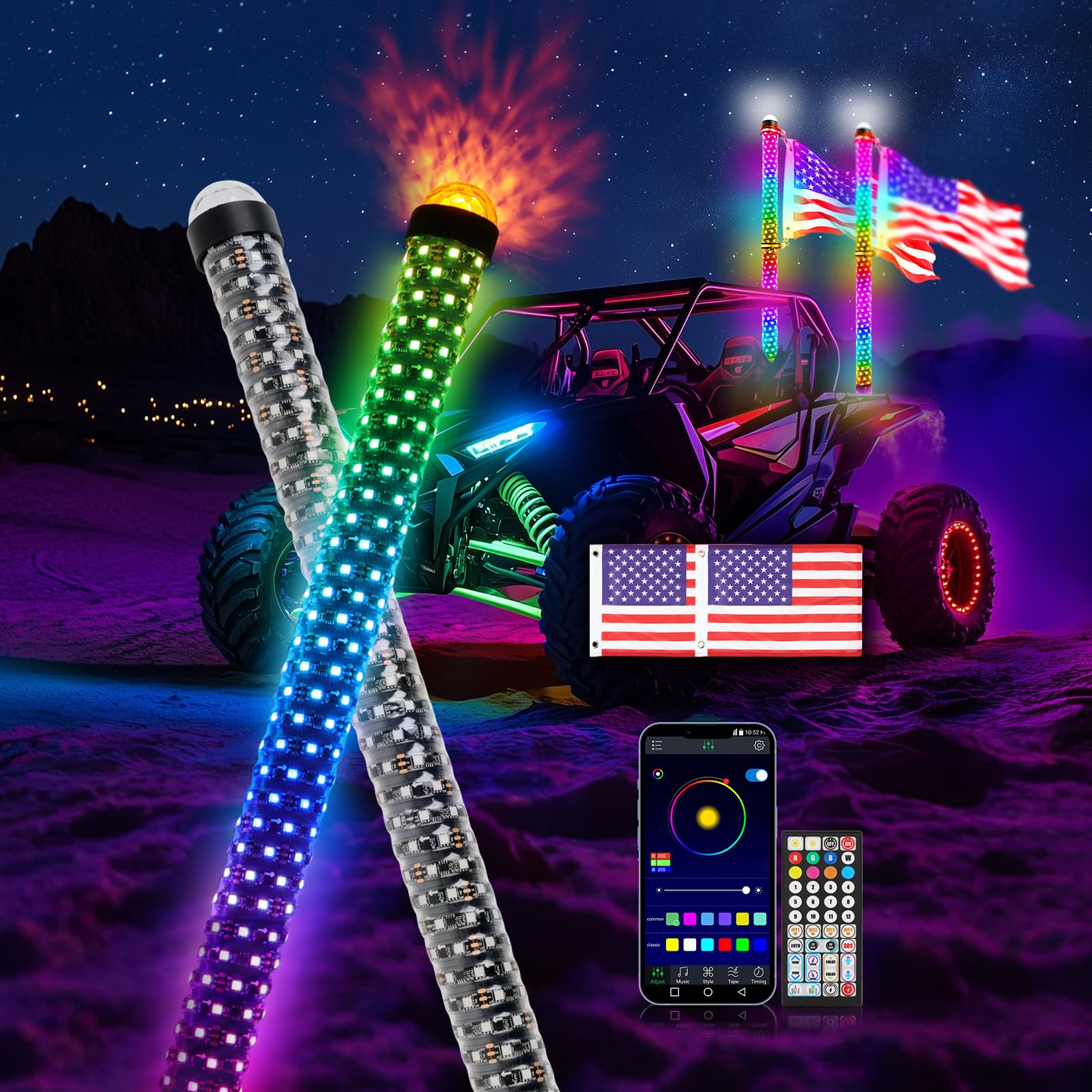 DEERMOTO 2PCS 3FT Fat Whip Light with Warning Light Spiral RGB LED Whip Lights with APP&Remote Control,Chasing Lighted Antenna W