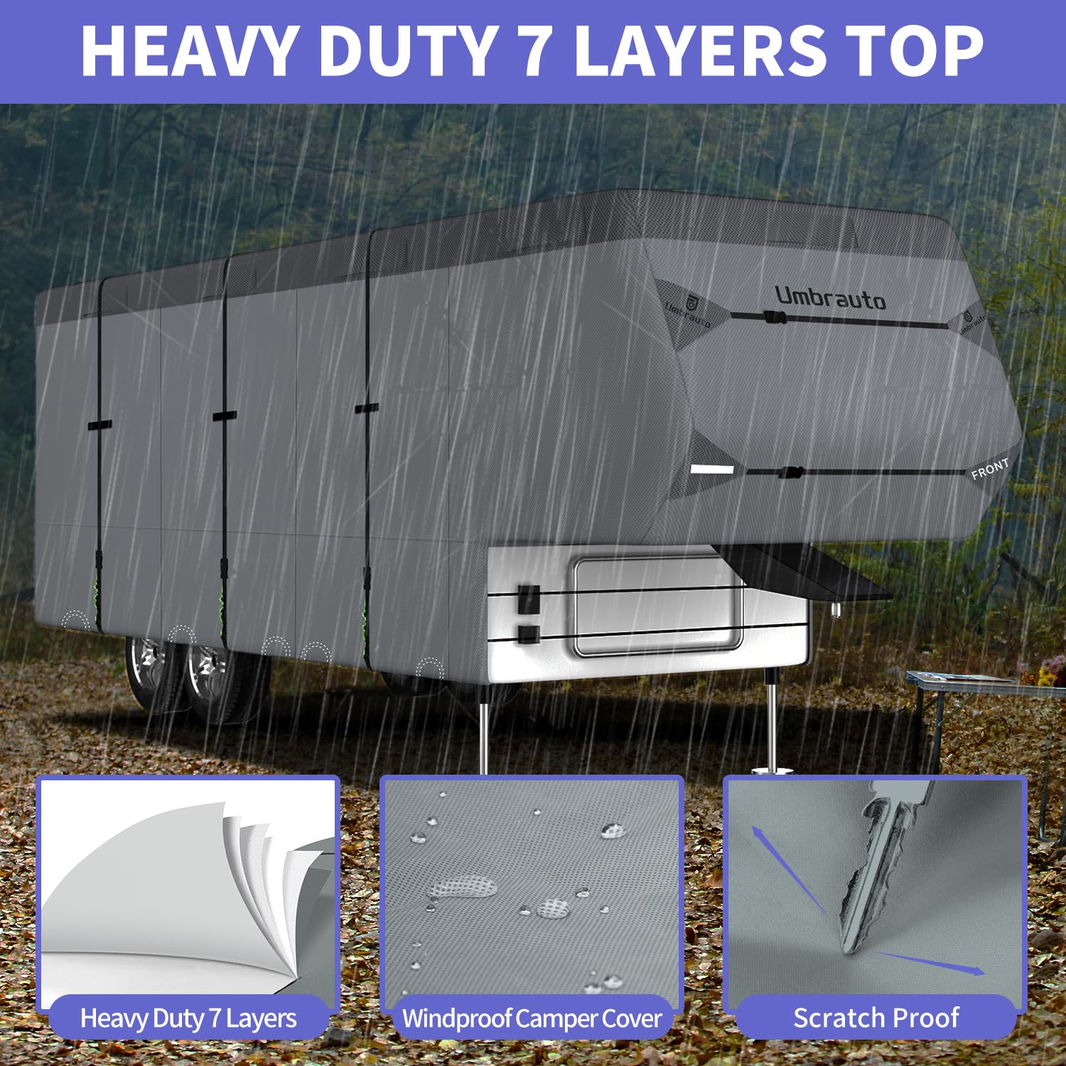 Umbrauto 5Th Wheel Rv Cover Upgraded 7 Layers Top Anti-Uv Waterproof Breathable Camper Covers Fits 34' - 37' Travel Trailer Moto
