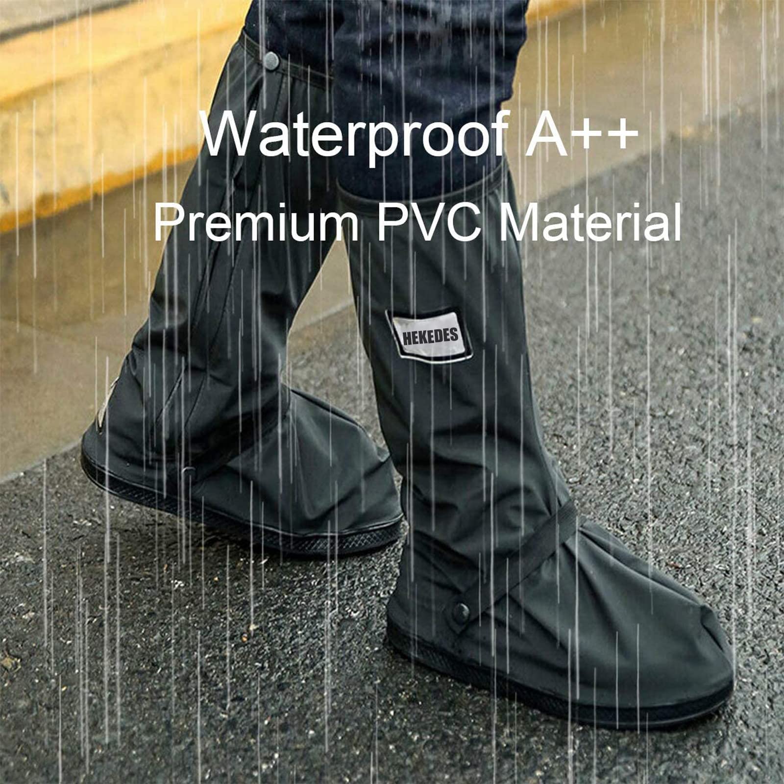 HEKEDES Waterproof Shoe Covers, Reusable Black Rain Gear, Non-Slip, Reflector, X-Large, Model AUHOO-SC