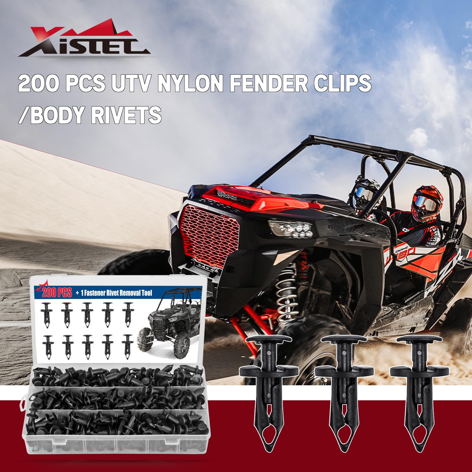 Xislet UTV Nylon Fender Clips - 200 Pcs Fasteners for Polaris, Can-Am, Kawasaki, Honda, Suzuki - One Size - Black