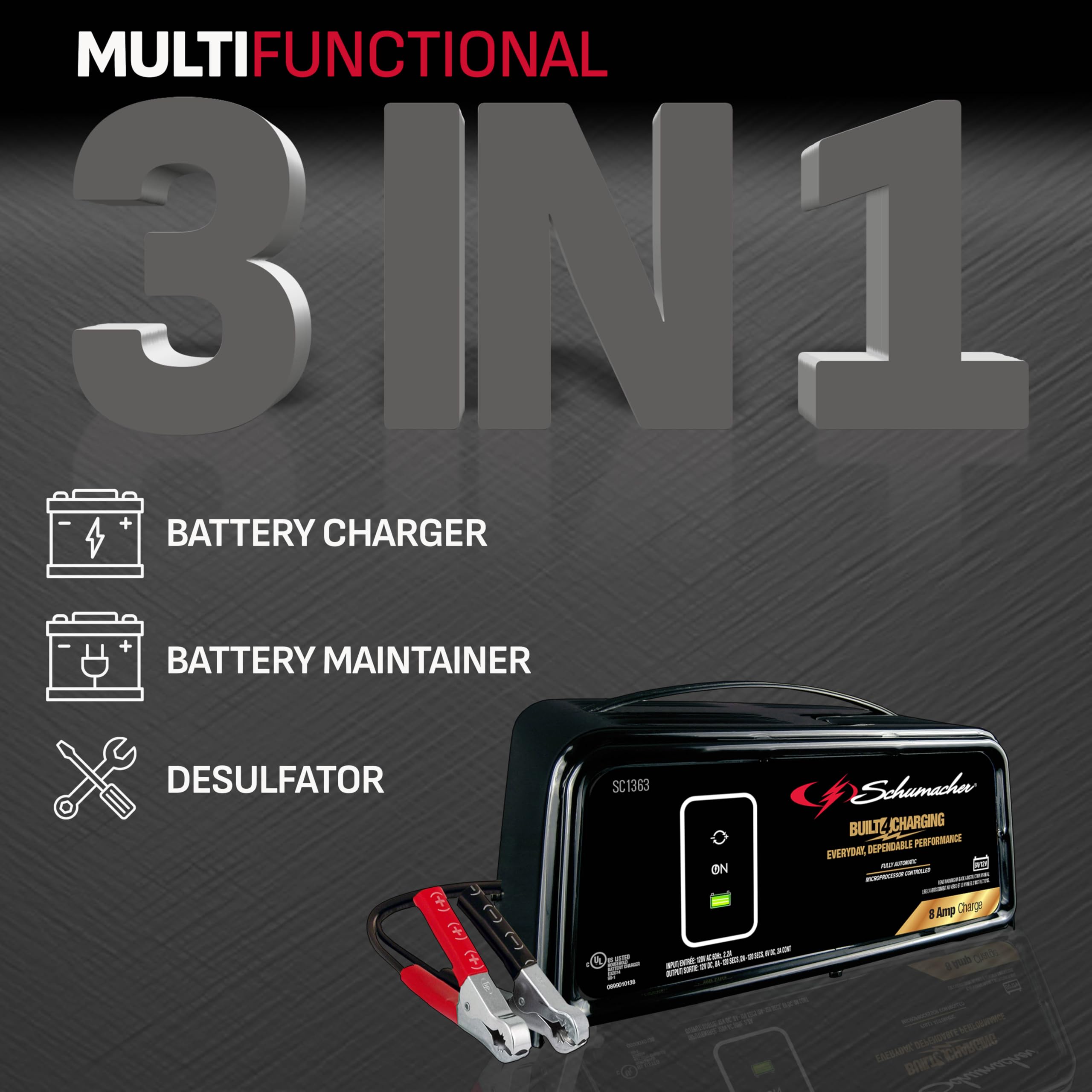 Schumacher SC1363 8 Amp/2 Amp Fully Automatic Battery Charger & Maintainer for 6V/12V Cars, Trucks, SUVs, RVs