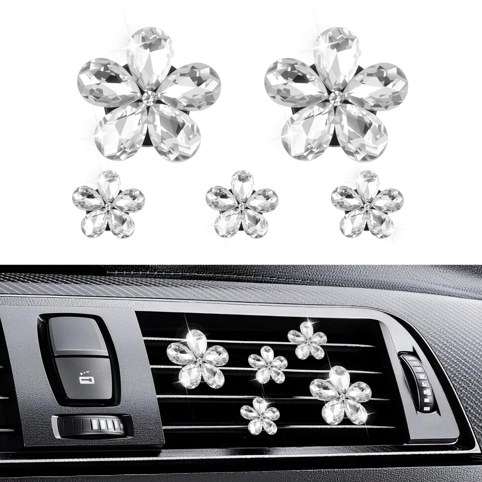 5PCS Crystal Daisy Car Vent Clips,Stylish Air Vent Clips as New Driver Gifts & Car Decorations Interior,Large & Small Cars Clip 