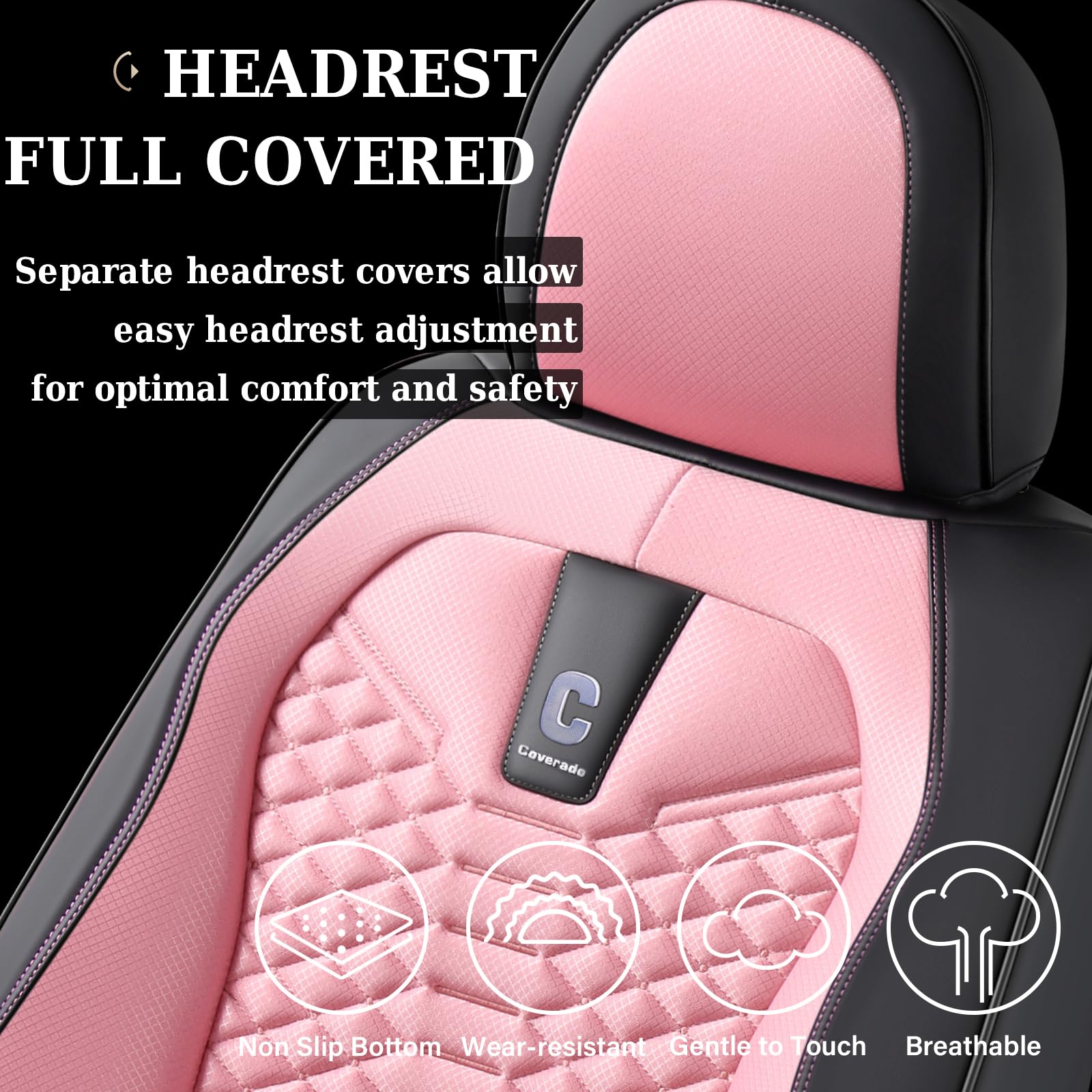 Coverado Front Seat Covers, 2 Pcs Pink Seat Cover Universal Seat Cover For Cars, Breathable Fabric& Faux Leather Seat Cover, Aut