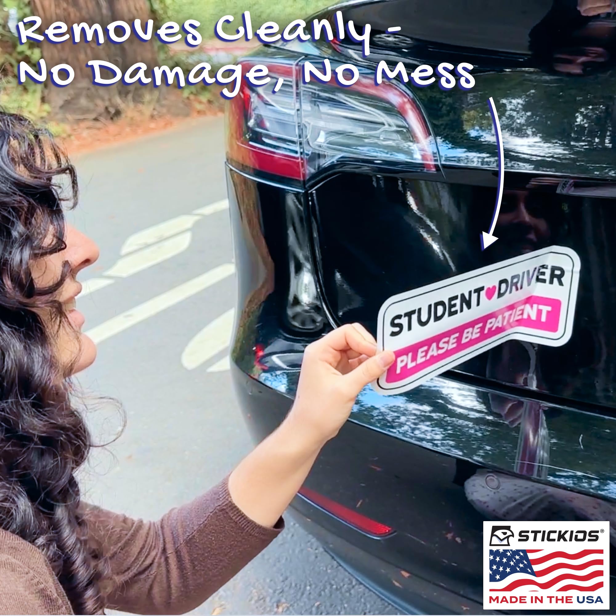 Stickios Pink Student Driver Stickers - Removable Vinyl Decals for Cars & Windows, 10.4x4 inches, 2-Pack, Made in USA
