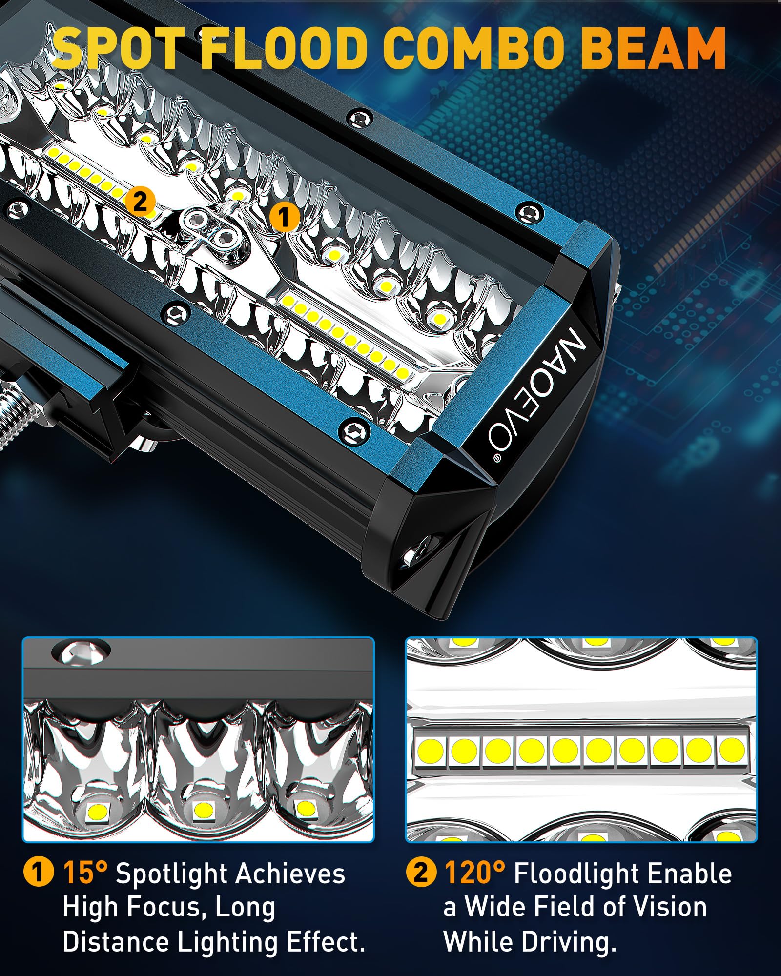 NAOEVO 7 Inch LED Light Bar, 240W 24,000LM Offroad Fog/Driving Lights, Aluminum, White, 2-Pack