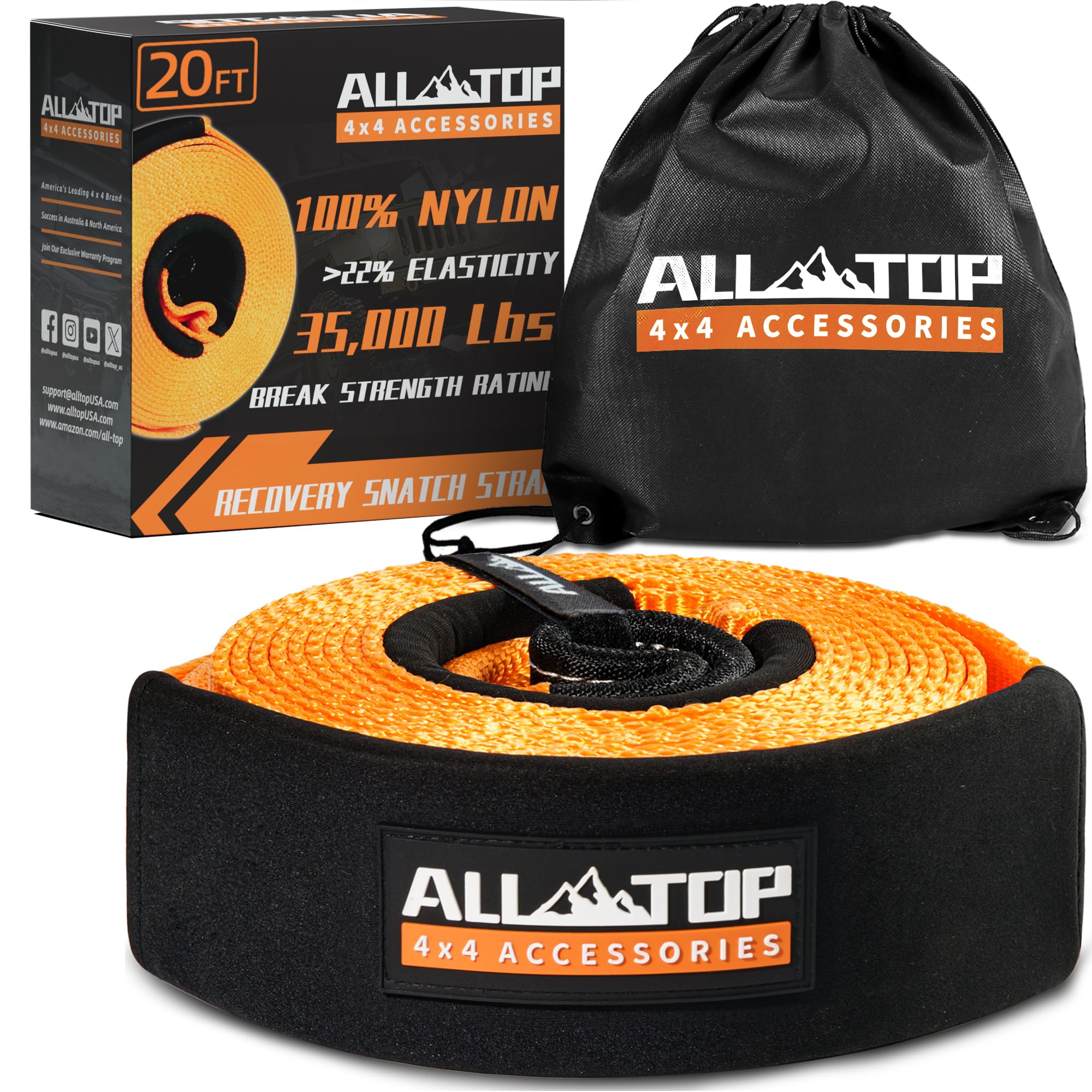 All-Top Recovery Snatch Strap, 3In X 20Ft - 35000Lbs, Heavy Duty 100% Nylon Kinetic Towing Recovery Strap With 22% Elongation &