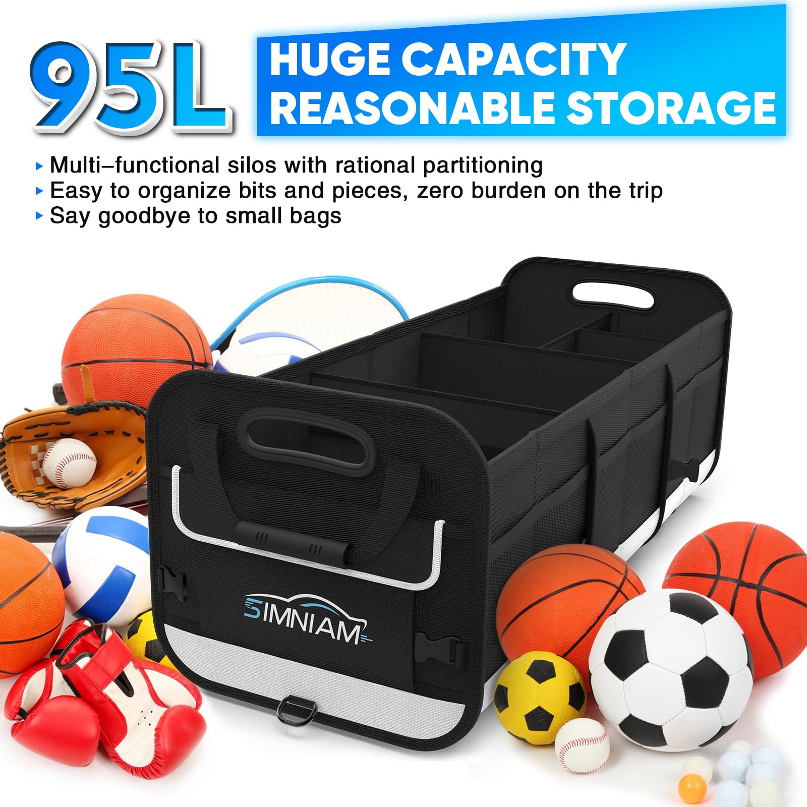Simniam Large SUV Trunk Organizer - 5 Compartments, Reinforced Handle, Black, Polyester