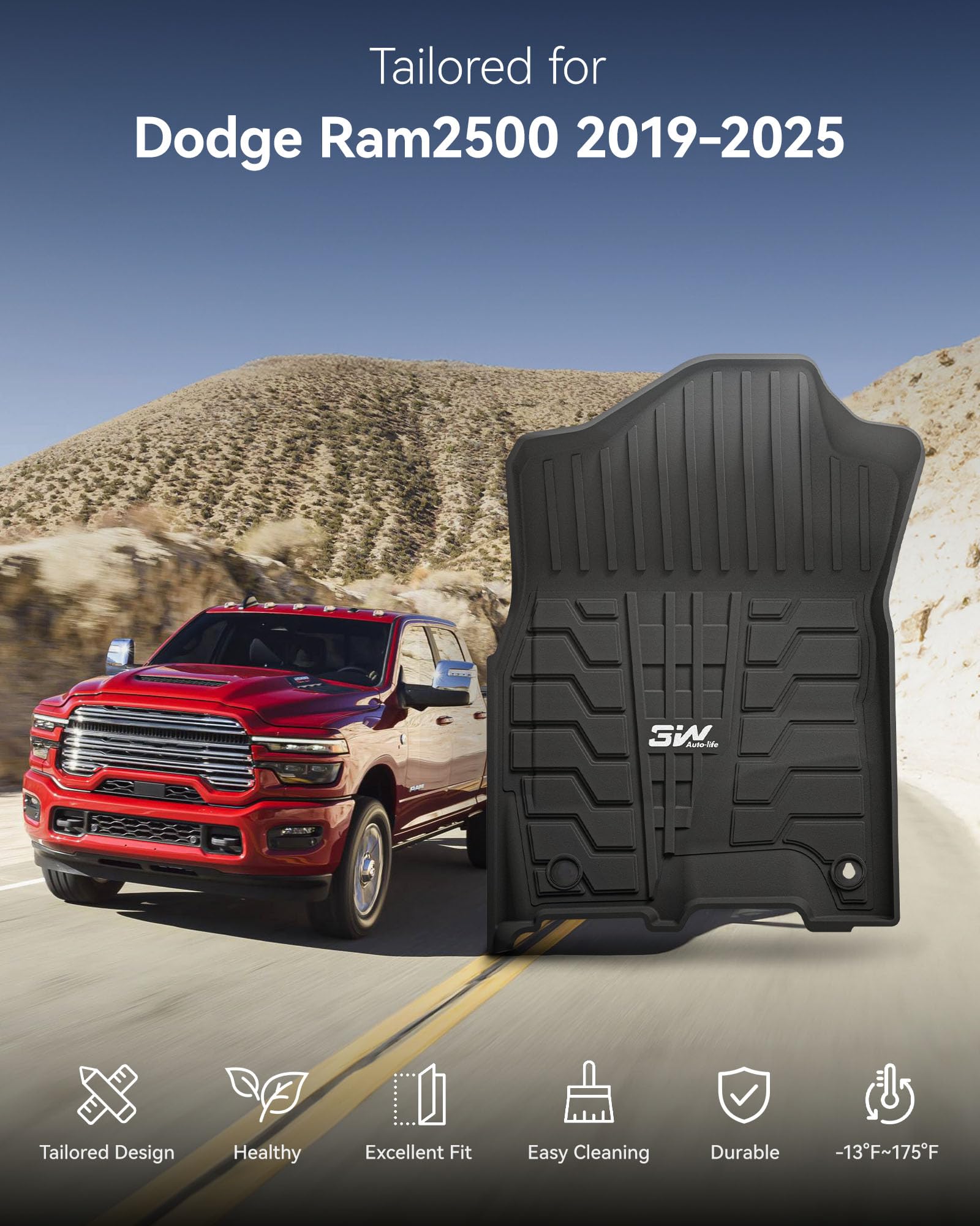 3W Floor Mats for 2019-2025 Ram 2500/3500 Crew Cab, All Weather TPE, Custom Fit, Black, Model 3W-DR2500