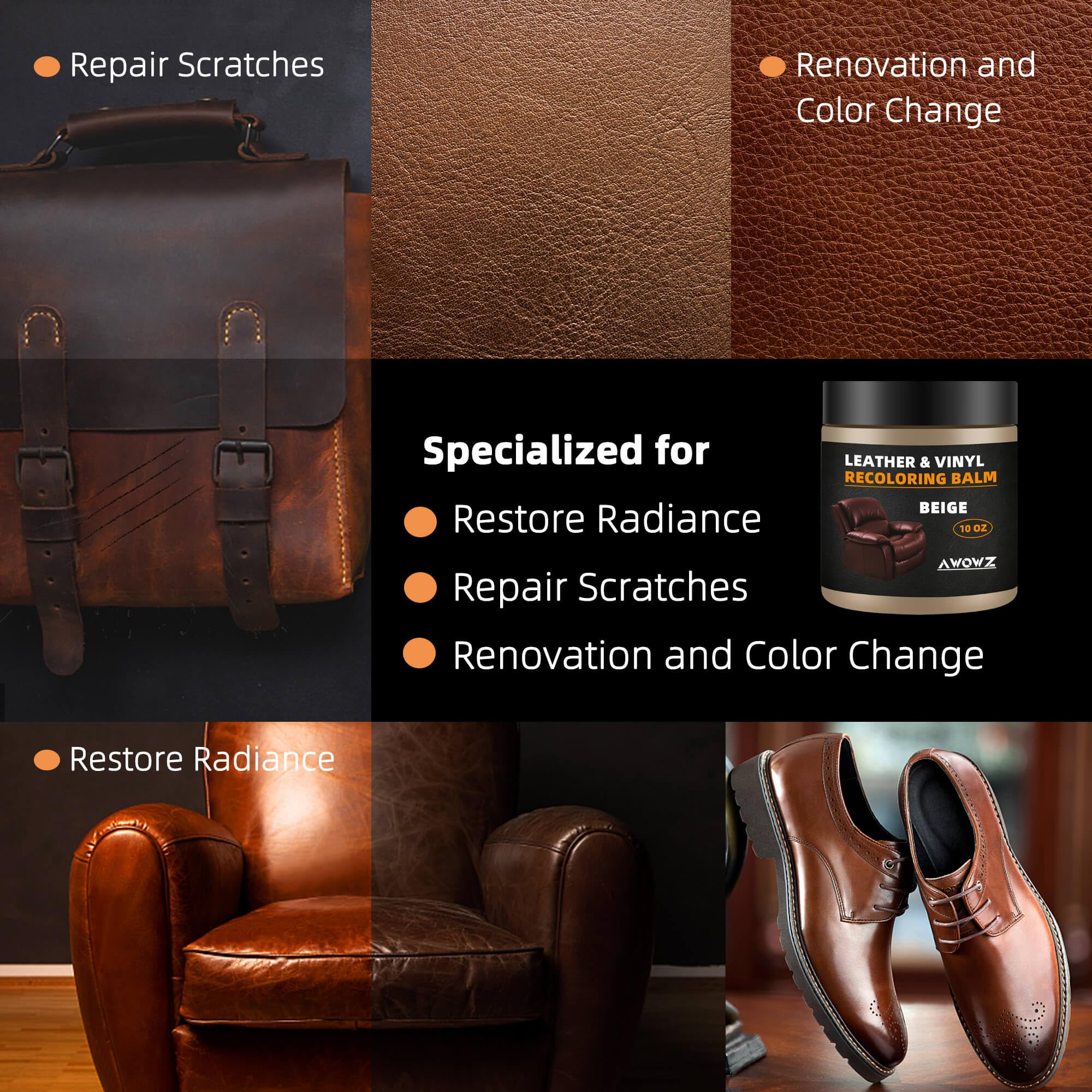 AWOWZ Leather Recoloring Balm - Scratch Repair & Color Restore Kit, 10 OZ, Beige for Furniture, Auto Interior, Vinyl, Accessories