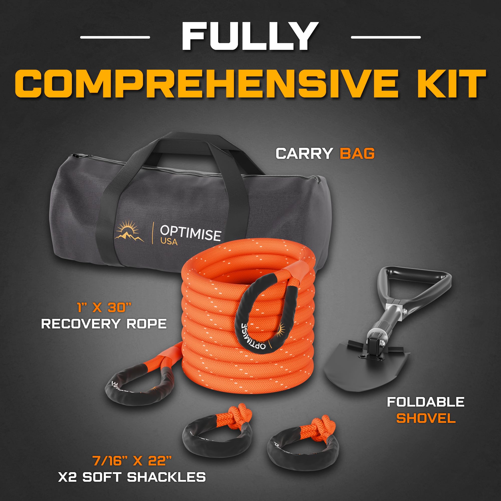 Optimise USA 1" x 30ft Kinetic Recovery Rope Kit - 48,500lbs, Tow Strap, 2 Soft Shackles, Off-Road Shovel, Carry Bag, Orange