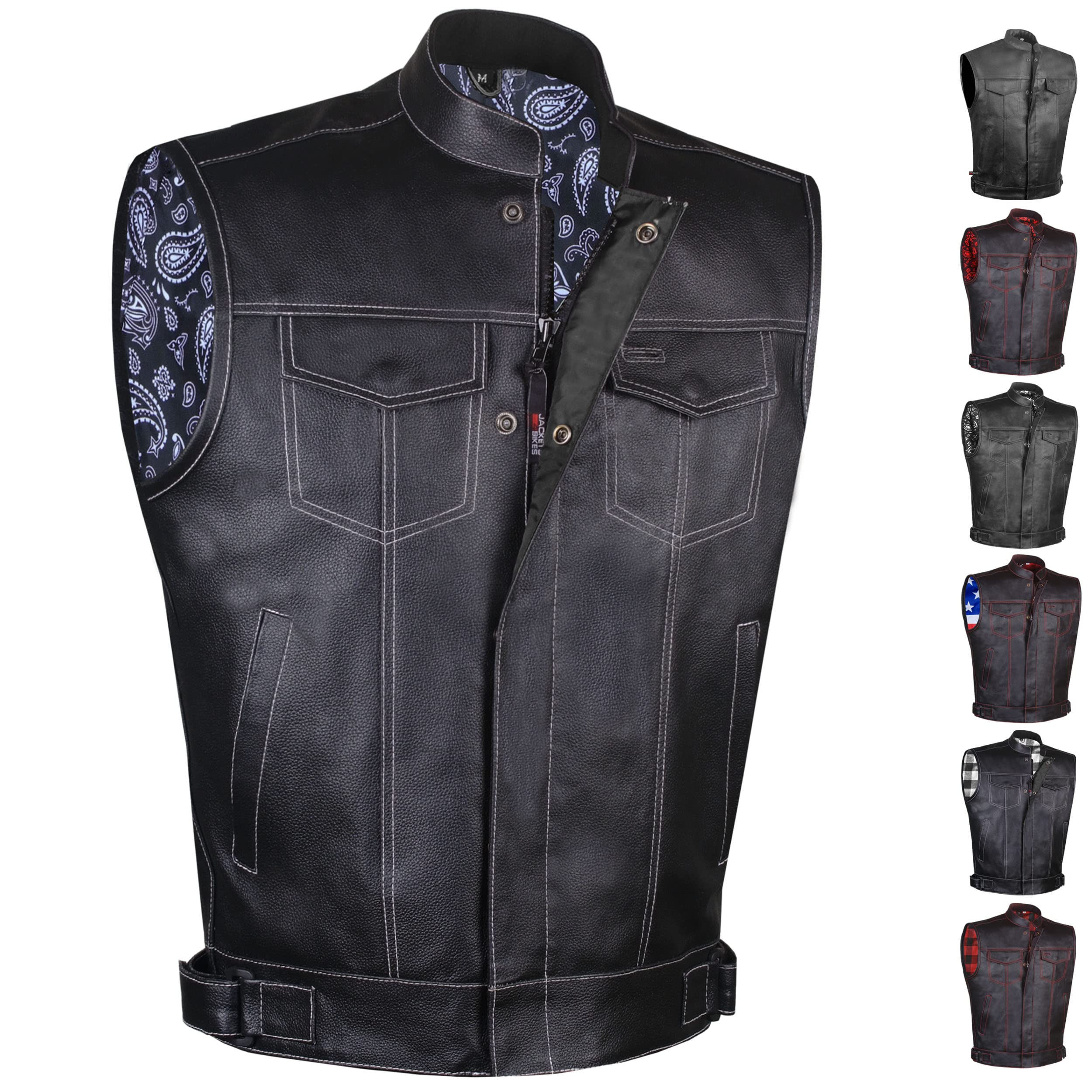 Soa Men'S Leather Motorcycle Concealed Gun Pockets Biker Club Vest W/Armor Paisley White L