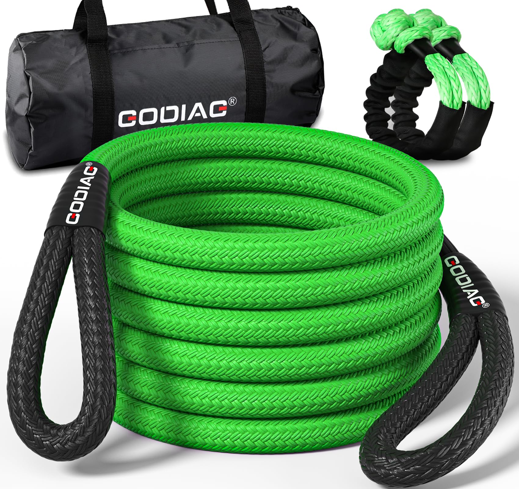 Godiag 1''  30Ft Kinetic Recovery Tow Rope (46500Lbs) Heavy Duty Energy Rope With 2 Soft Shackles, 30% Elasticity Offroad Power