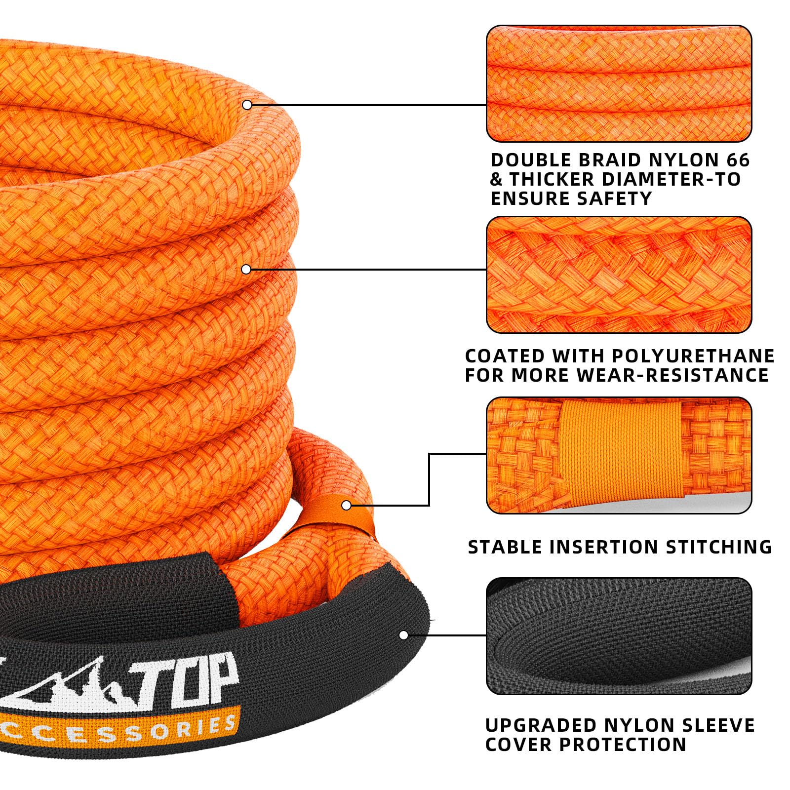 ALL-TOP Kinetic Recovery Rope Kit, 1in x 20ft, 48000Lbs, Nylon, Orange, 2 Soft Shackles, Model ATKRR25