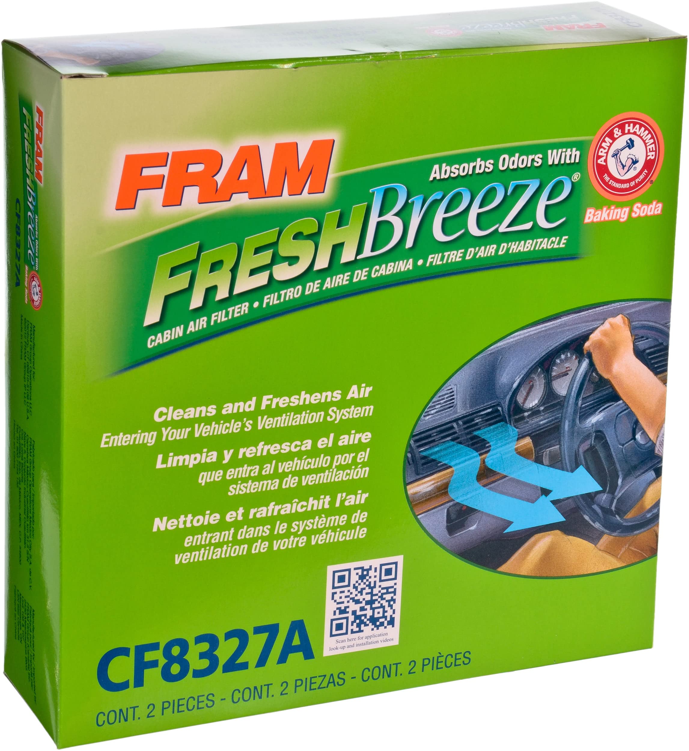 Fram Fresh Breeze Cabin Air Filter Replacement For Car Passenger Compartment W/ Arm And Hammer Baking Soda, Easy Install, Cf8327
