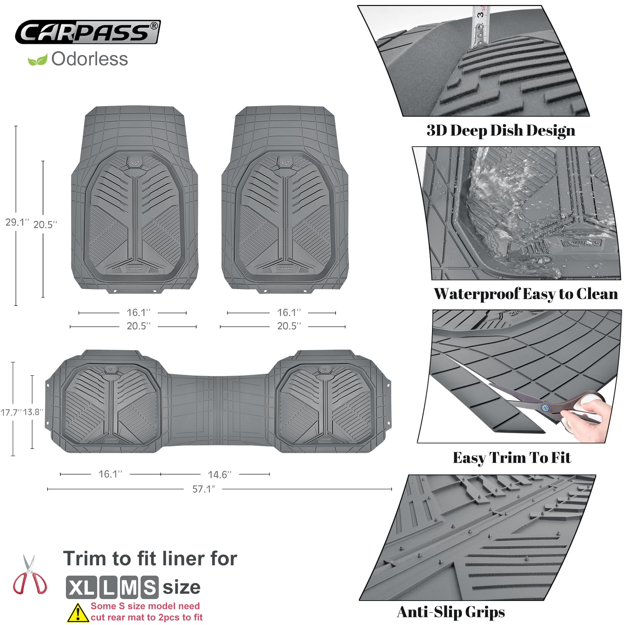 Car Pass Heavy Duty Rubber Car Mats, Deepdish All Weather Floor Mats For Car Full Set, Universal Automotive Mats Trim To Fit For