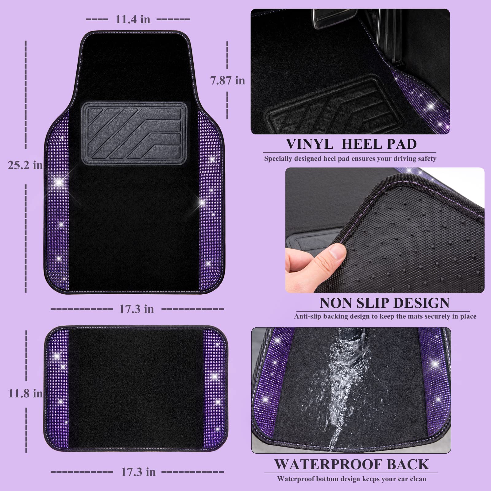Car Pass Bling Rhinestones Diamond Car Floor Mat, Crystal Sparkly Shining Glitter Carpet, Waterproof Anti-Slip Pvc Heel Pad Univ