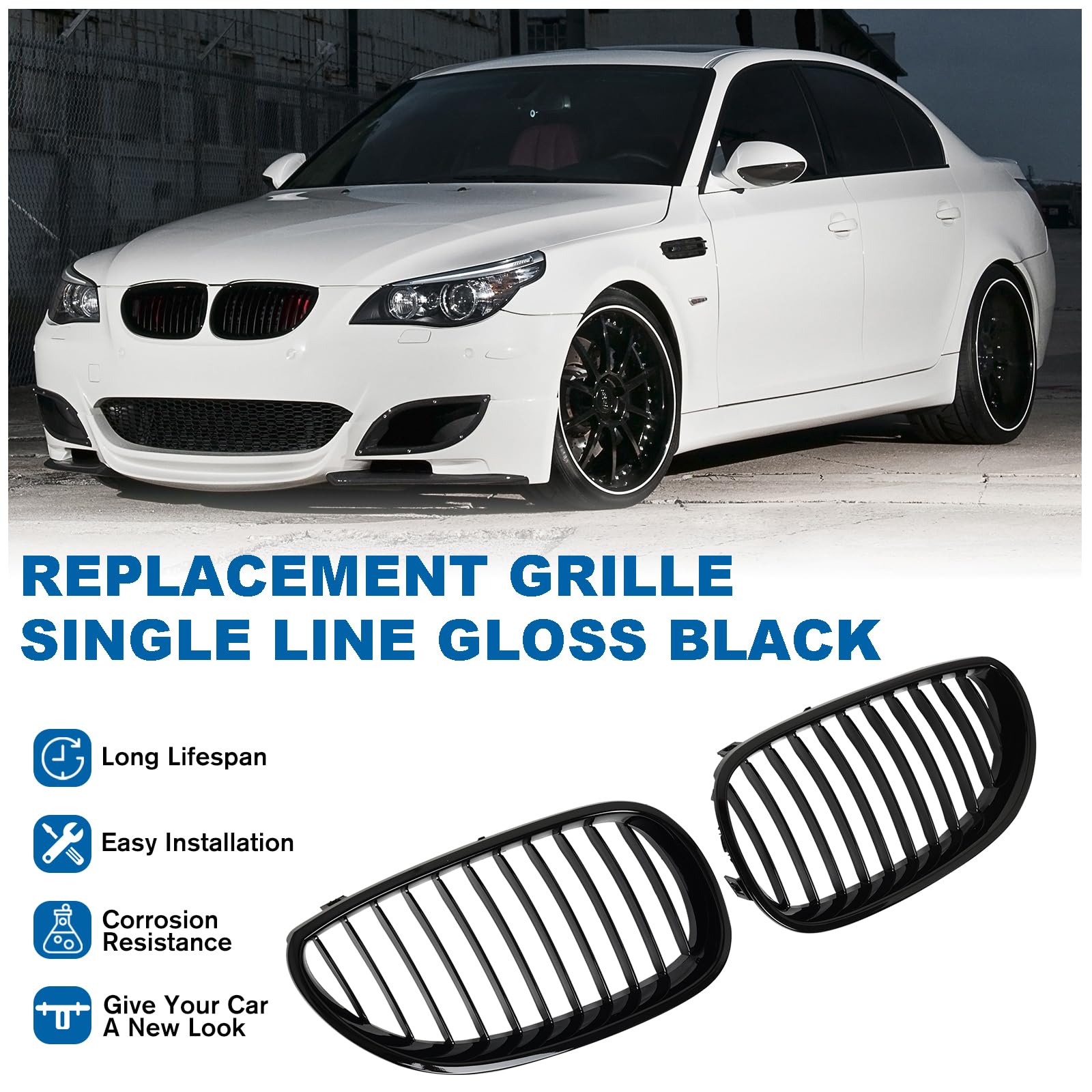 Billdio E60 Grille - Black Kidney Single Slats Grill Compatible With Bmw 5 Series E60 E61 2003-2009 520I 523I 525I 528I 530I 535