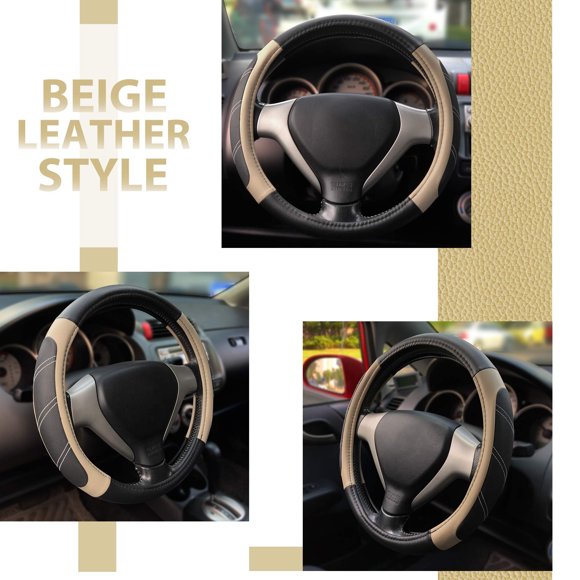 Elantrip Steering Wheel Cover Leather 15 1/2 To 16 Inch Universal Large Soft Grip Breathable For Car Truck Suv Jeep Anti Slip Be