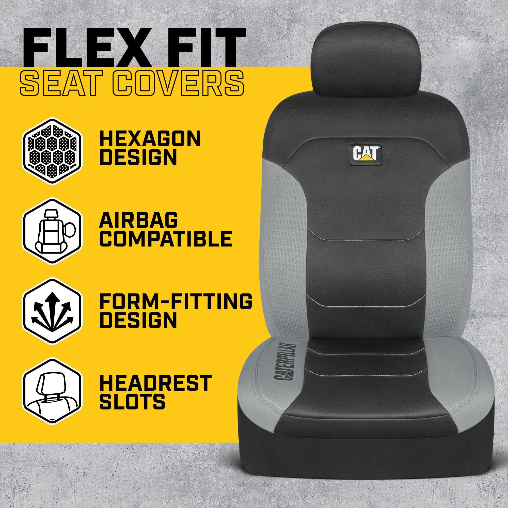 Caterpillar Flexfit Automotive Seat Covers For Cars Trucks And Suvs (Set Of 2) - Black Seat Covers For Front Seats, Seat Protect