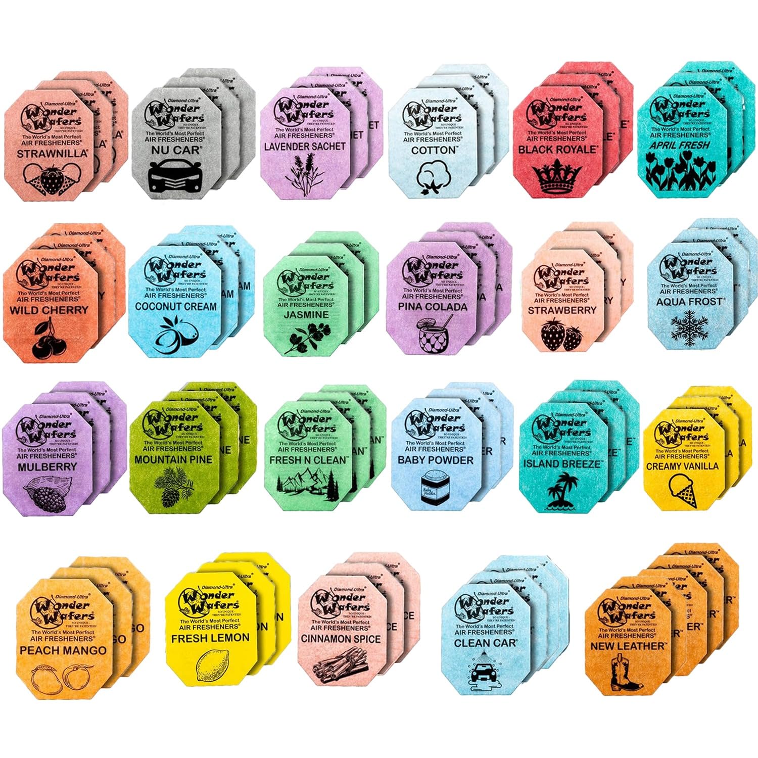 Wonder Wafers Car Air Freshener Wafers Variety Pack of 72 - Individually Wrapped Car Air Fresheners - 23 Scents Car Fresheners (