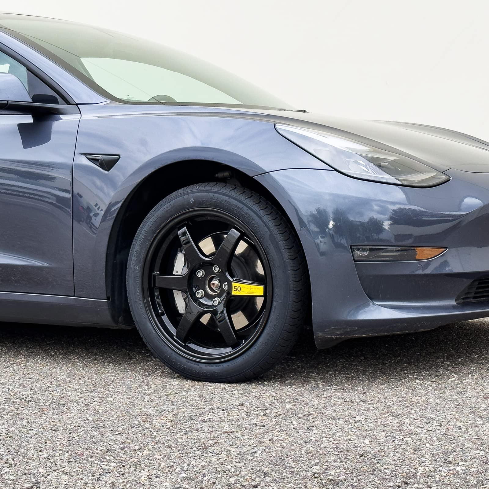 StanceMagic Complete Spare Wheel & Tire for 2017+ Tesla Model 3 RWD, 18x4 Rim, 125/80R18, Aluminum, Black, Model SWT-228