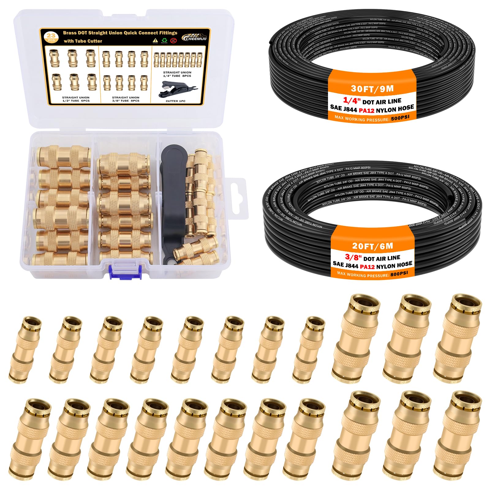 Cheemuii 23 Pcs Brass Dot Air Line Fittings With 30Ft 1/4 '' And 20Ft 3/8 '' Dot Air Line Kit Push Lock Quick Connect Fittings W