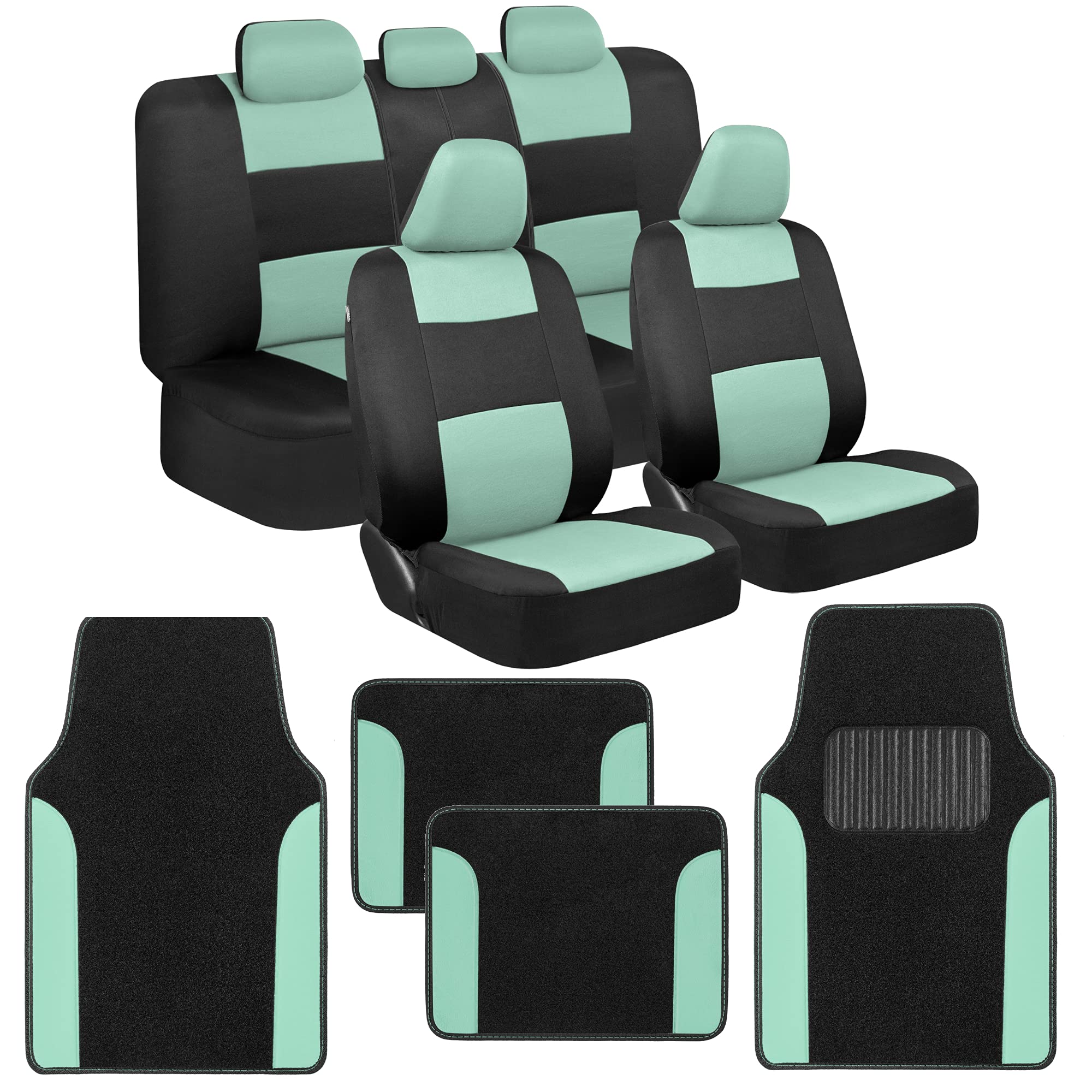 Bdk Polypro Black/Mint Car Seat Covers Full Set With Matching Carpet Floor Mats - Automotive Seat Covers For Cars Trucks Suv - I